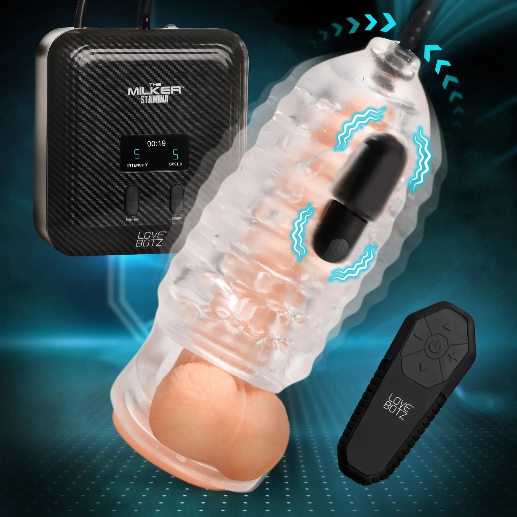 LoveBotz The Milker Stamina: clear stroker with flesh-toned sleeve, black control box, and handheld remote.