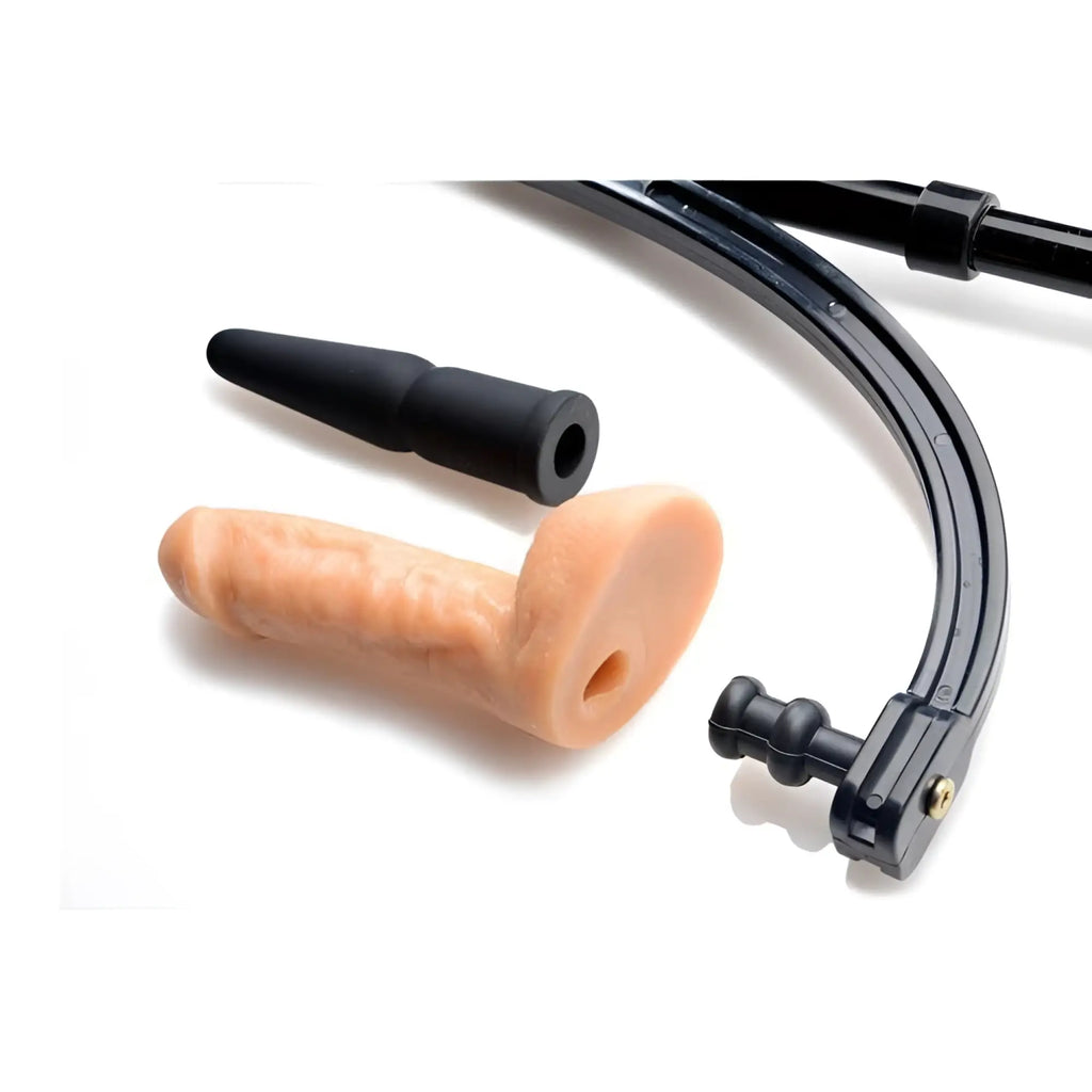 LoveBotz Pleasure Pole parts: a skin-tone realistic silicone attachment and a black mounting arm on a white background.