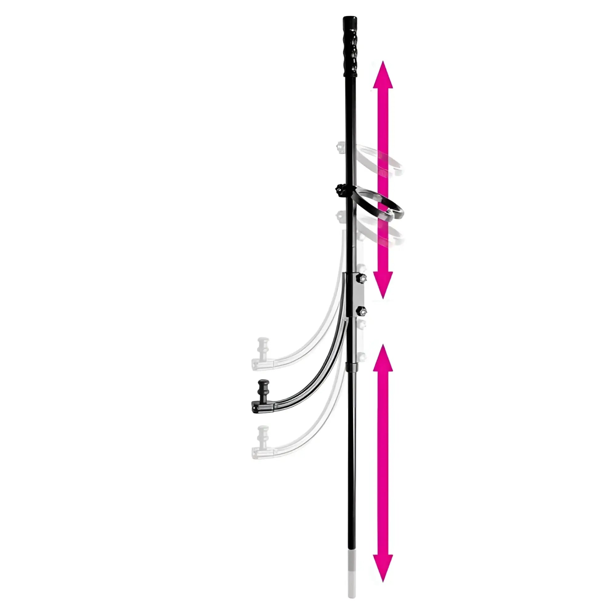 LoveBotz Pleasure Pole: A black adjustable pole with an attached circular mount and handle, showing range of motion.
