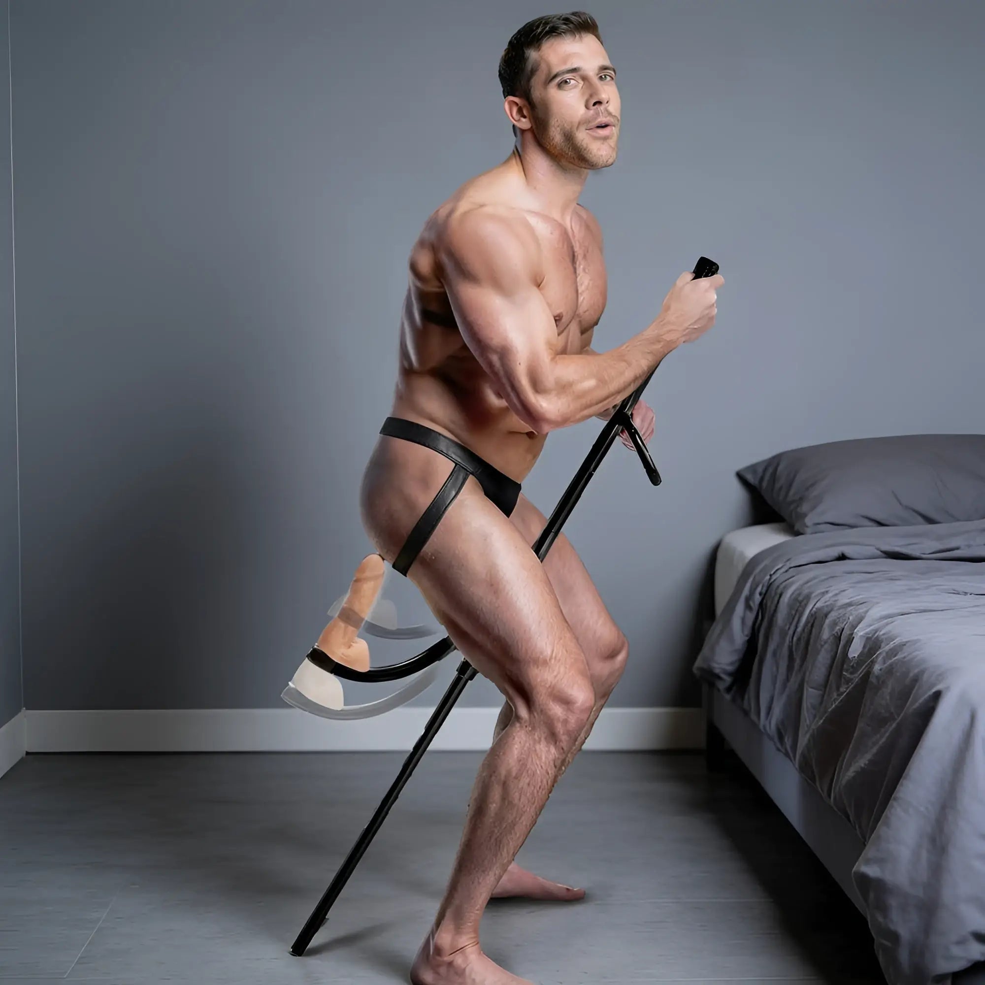 Muscular man using a LoveBotz Pleasure Pole, a black, floor-standing metal apparatus with a beige silicone attachment.