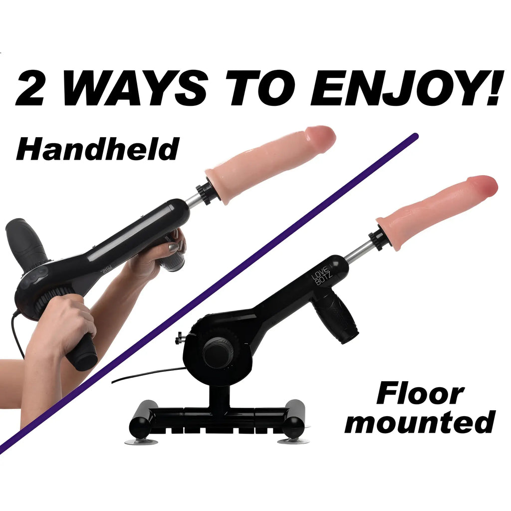 LoveBotz Pro-Bang sex machine shown in handheld mode and floor-mounted mode with a flesh-toned attachment.