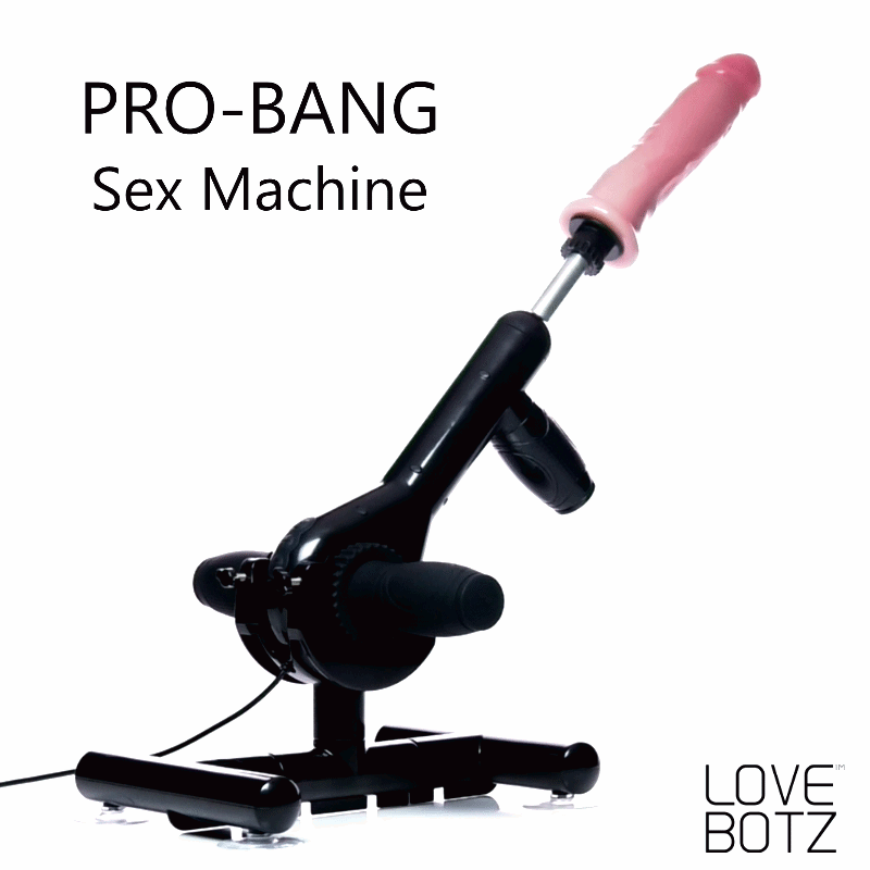 LoveBotz Pro-Bang sex machine with a black frame and a pink attachment extending upwards on a white background.