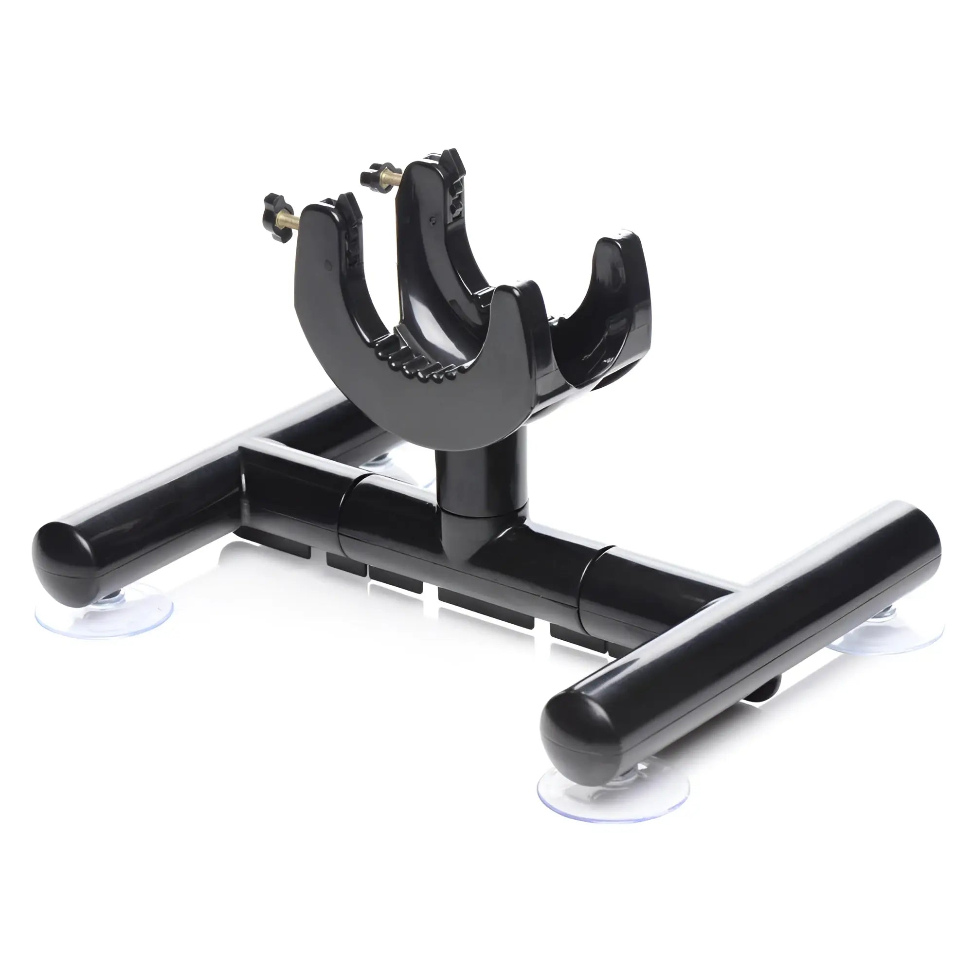 Black LoveBotz Pro-Bang sex machine stand with suction cup base and adjustable cradle mount.