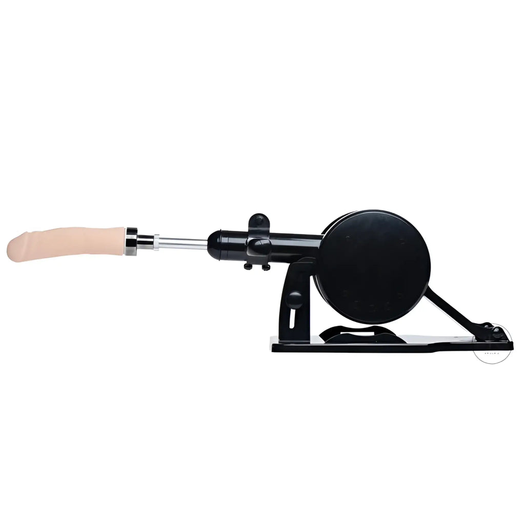 LoveBotz Robo FUK machine: a black mechanical base with an adjustable metal arm and a beige dildo attachment.