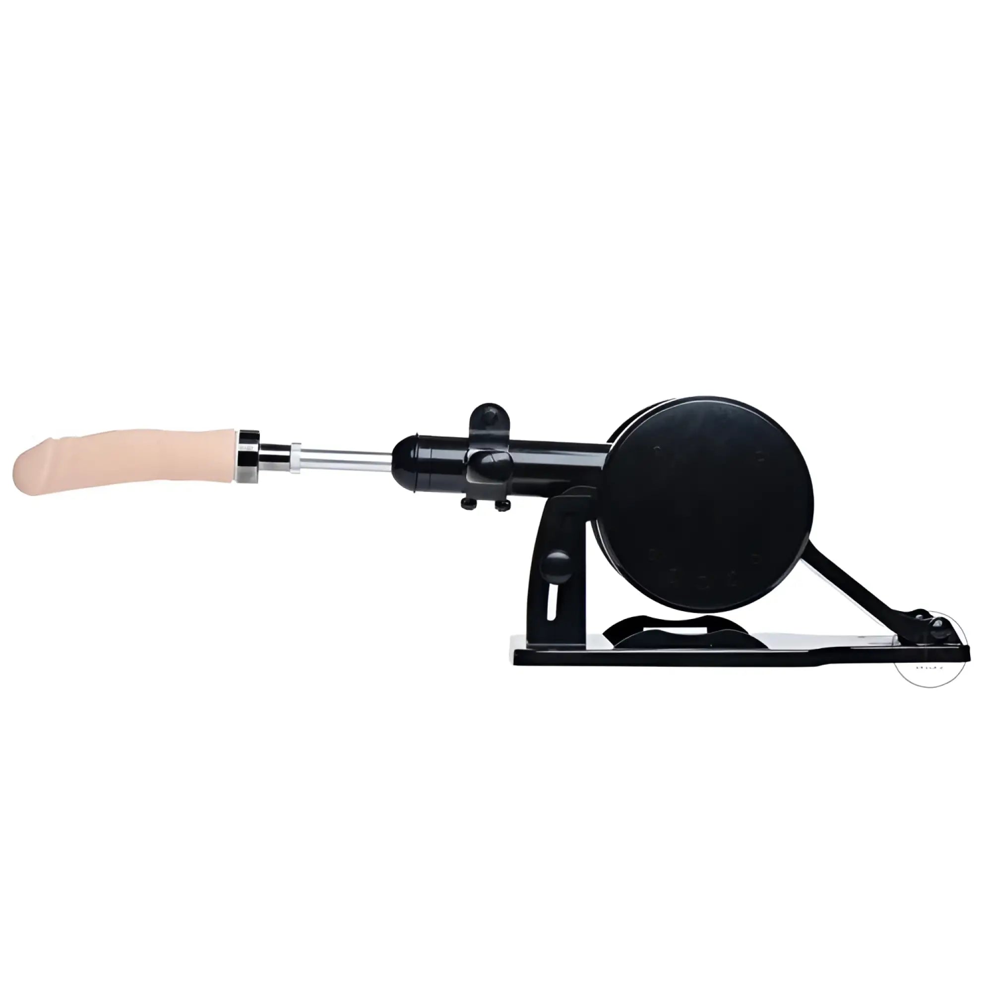 LoveBotz Robo FUK machine: a black mechanical base with an adjustable metal arm and a beige dildo attachment.