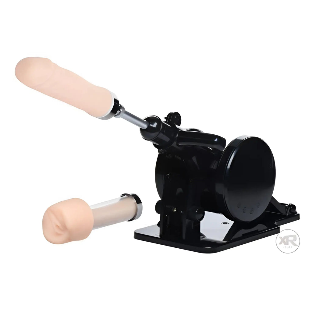 LoveBotz Robo FUK machine: A black, adjustable, portable device with a beige dildo attachment and a separate insertable.
