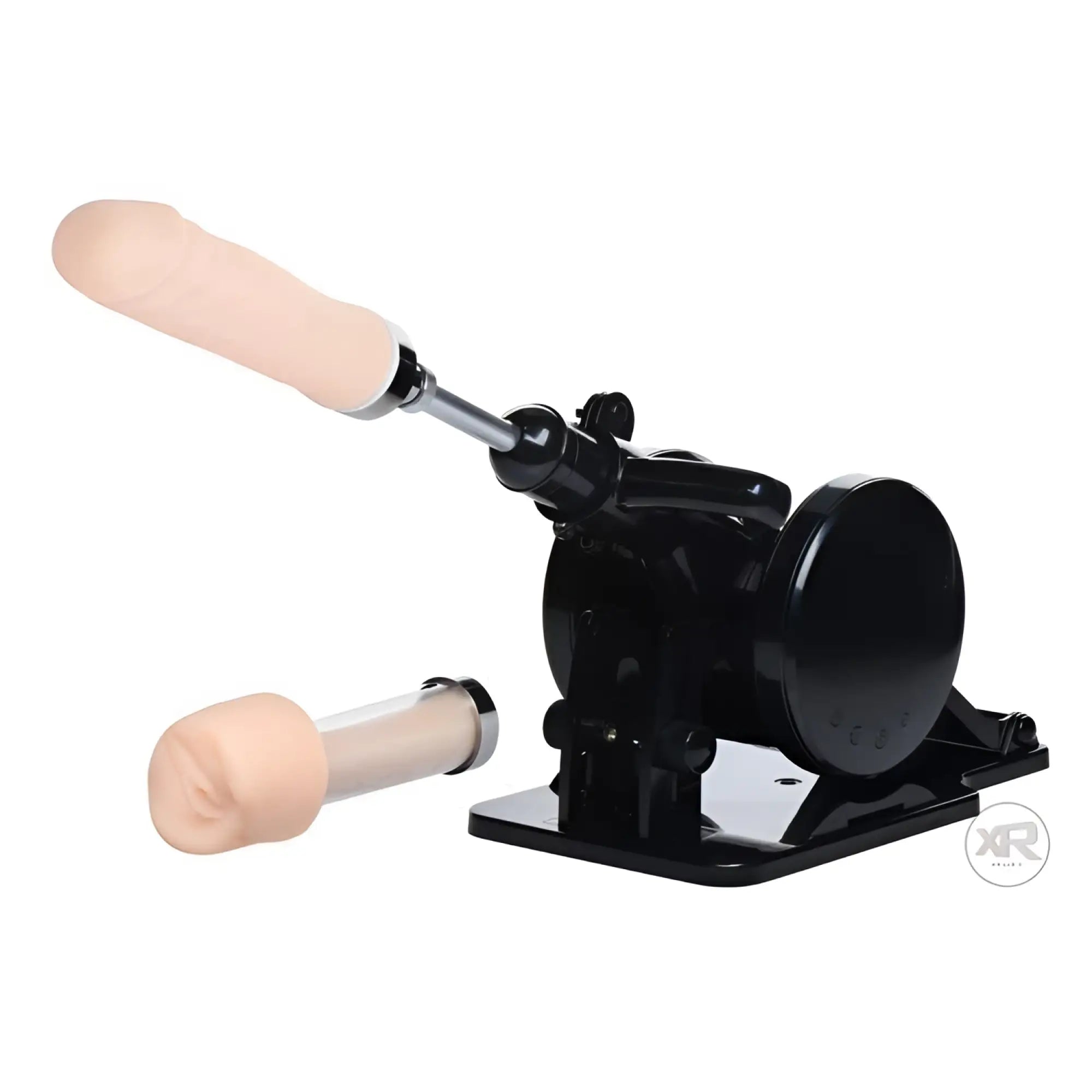 LoveBotz Robo FUK machine: A black, adjustable, portable device with a beige dildo attachment and a separate insertable.