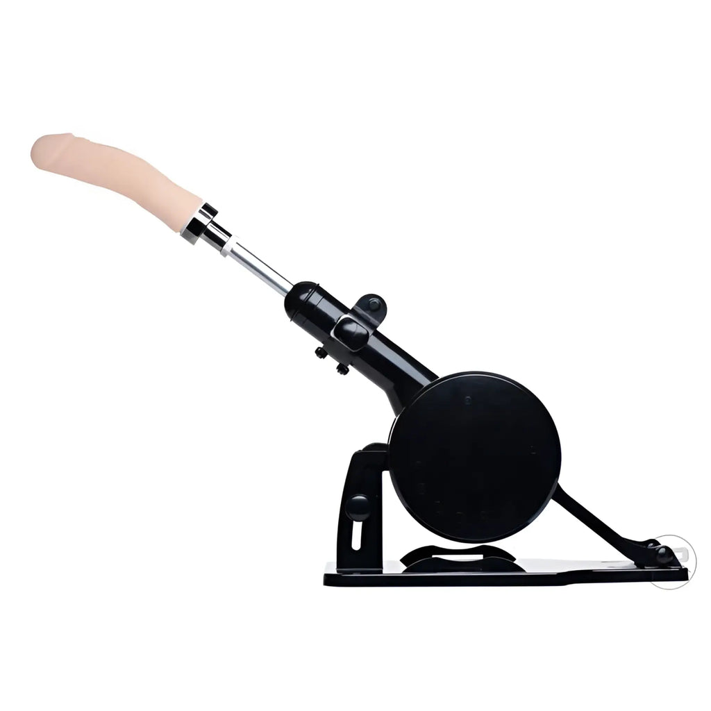 LoveBotz Robo FUK machine: A black, adjustable mechanical base with an angled metal arm and a beige silicone attachment.