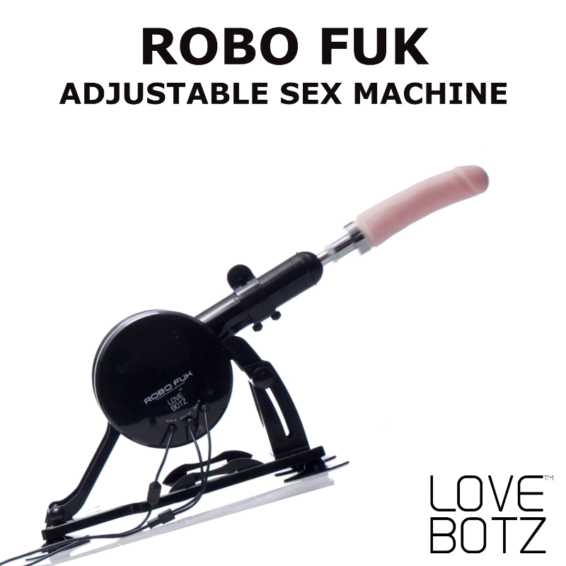 LoveBotz Robo FUK portable sex machine in black with an adjustable stand and pink dildo attachment on white background.