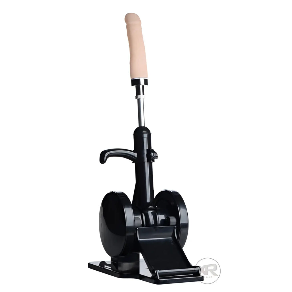 LoveBotz Robo FUK portable sex machine: a black mechanical base with an upright, beige phallic attachment.