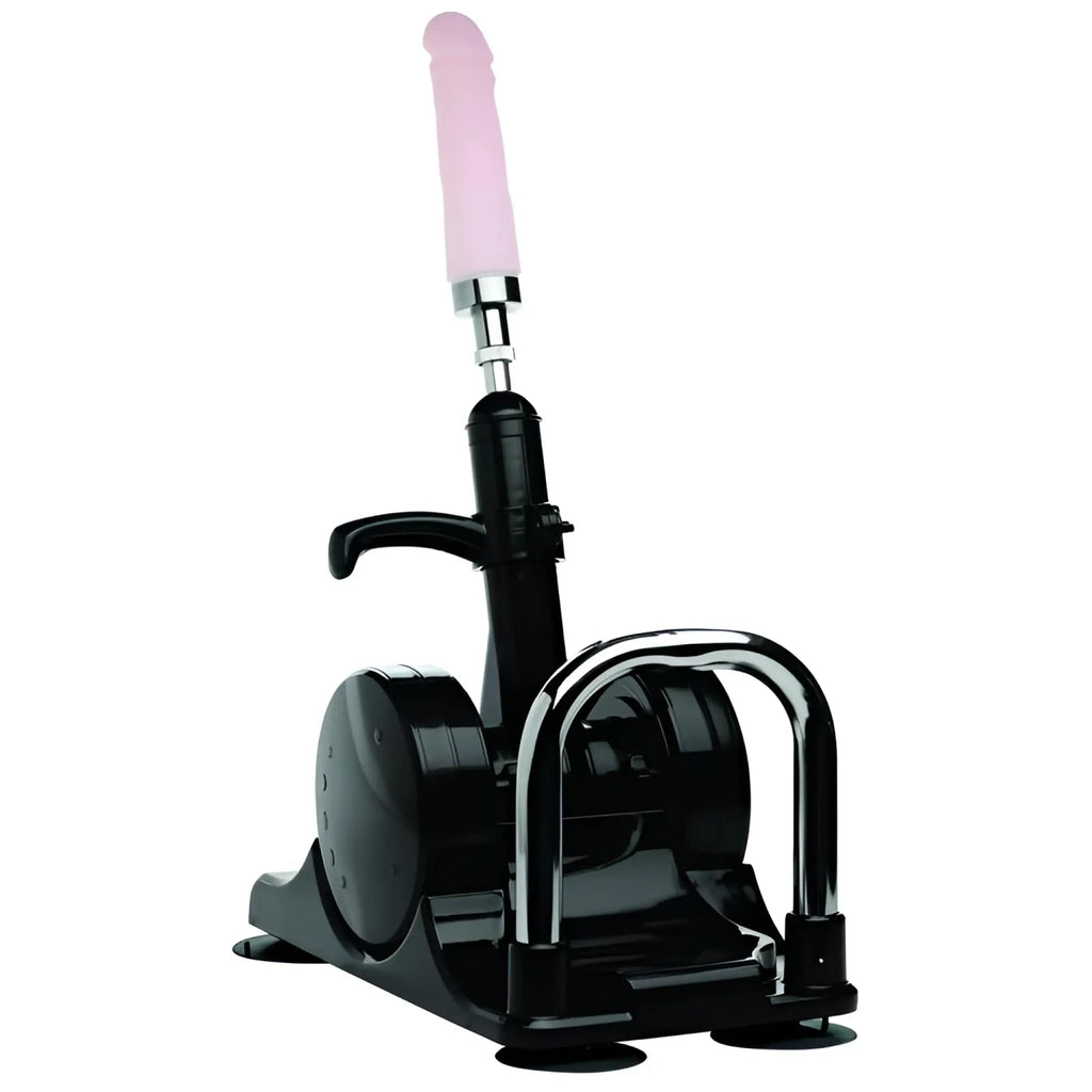 LoveBotz Robo Fuk Deluxe: A black adjustable sex machine with a pink phallic attachment on a chrome-accented base.