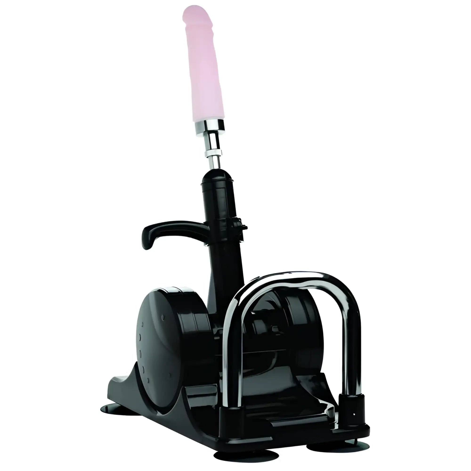 LoveBotz Robo Fuk Deluxe: A black adjustable sex machine with a pink phallic attachment on a chrome-accented base.