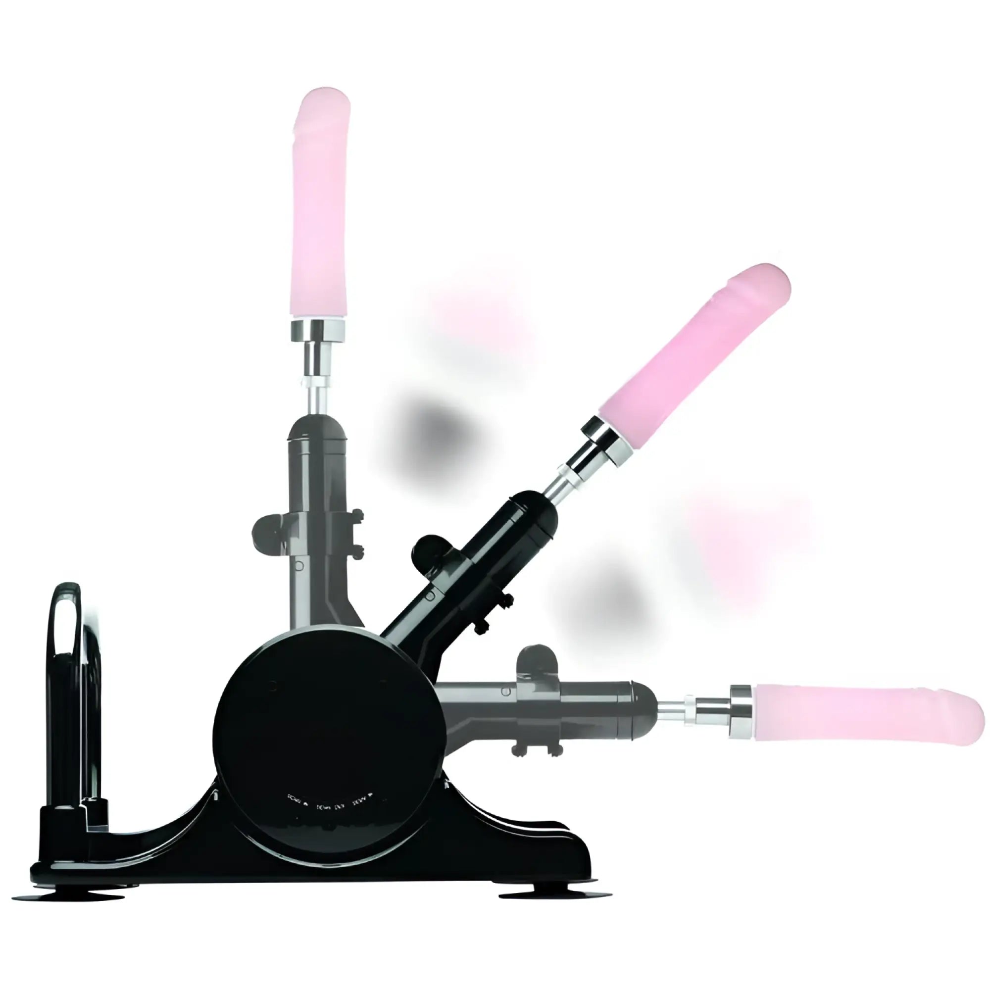 LoveBotz Robo Fuk Deluxe machine: black base with adjustable arm and pink attachment shown in multiple positions.