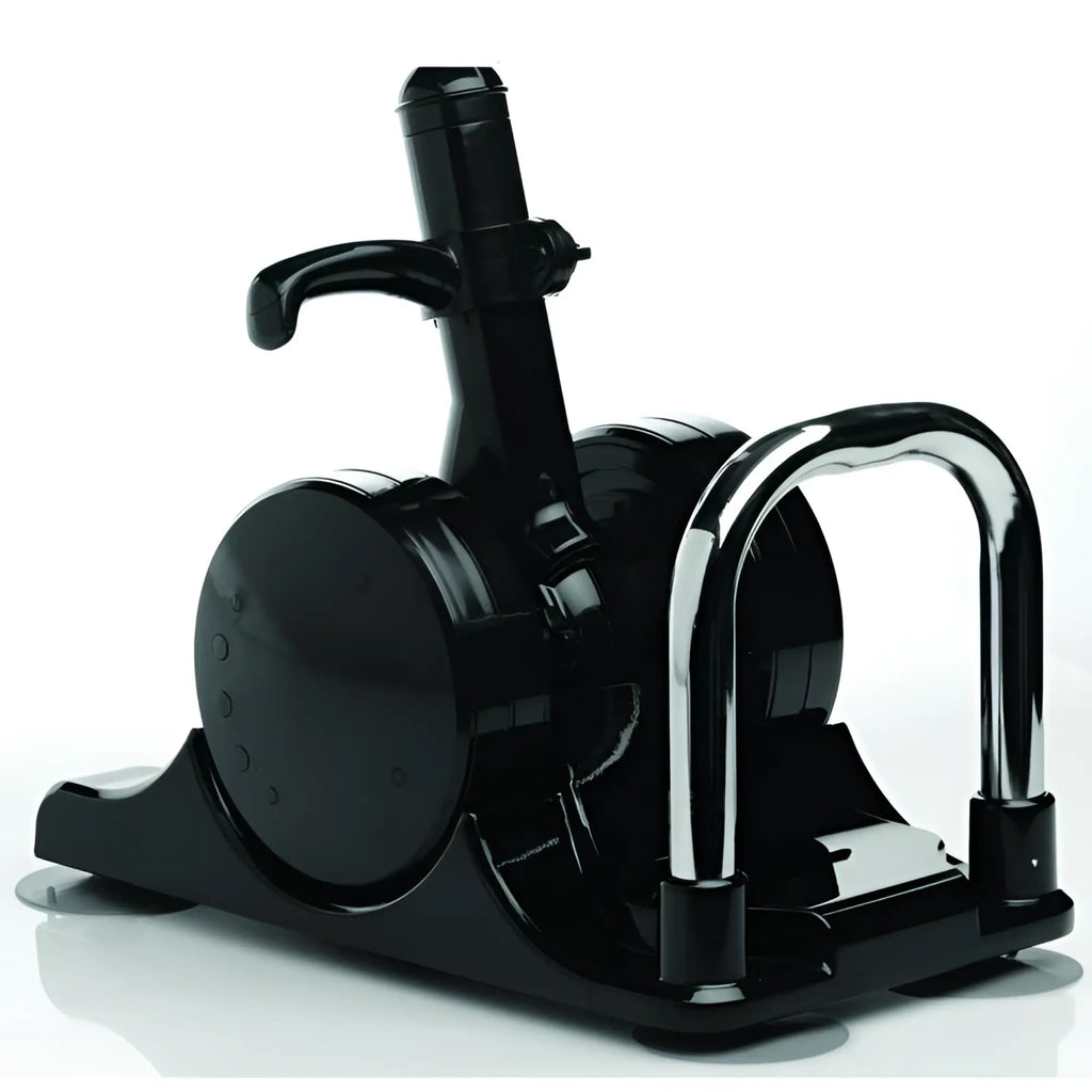 LoveBotz Robo Fuk Deluxe adjustable sex machine in glossy black with a chrome handle and suction cup base.