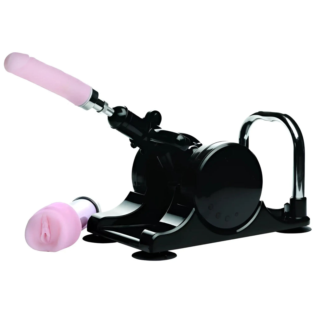 LoveBotz Robo Fuk Deluxe sex machine in black with a pink silicone attachment, on a base with suction cups.