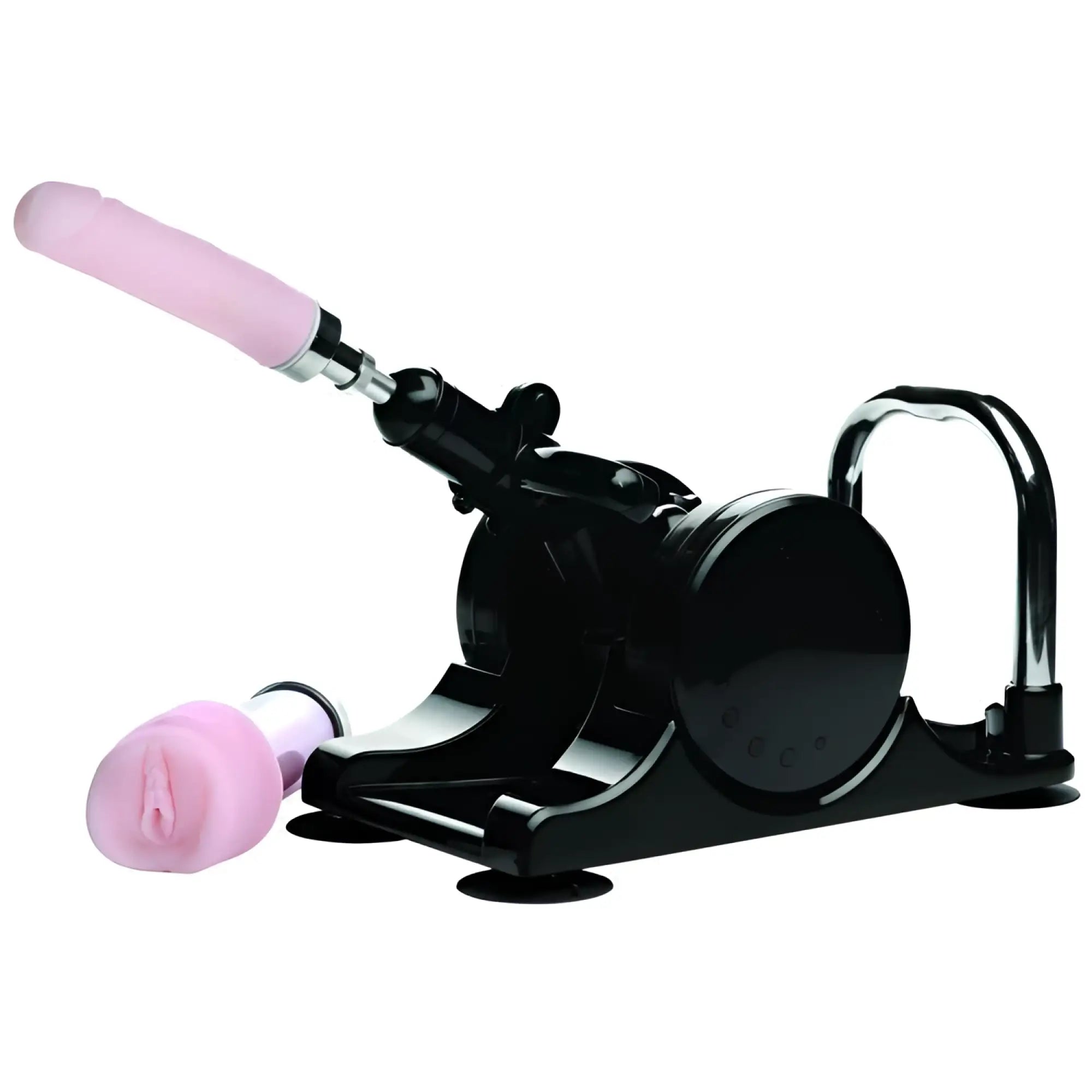 LoveBotz Robo Fuk Deluxe sex machine in black with a pink silicone attachment, on a base with suction cups.
