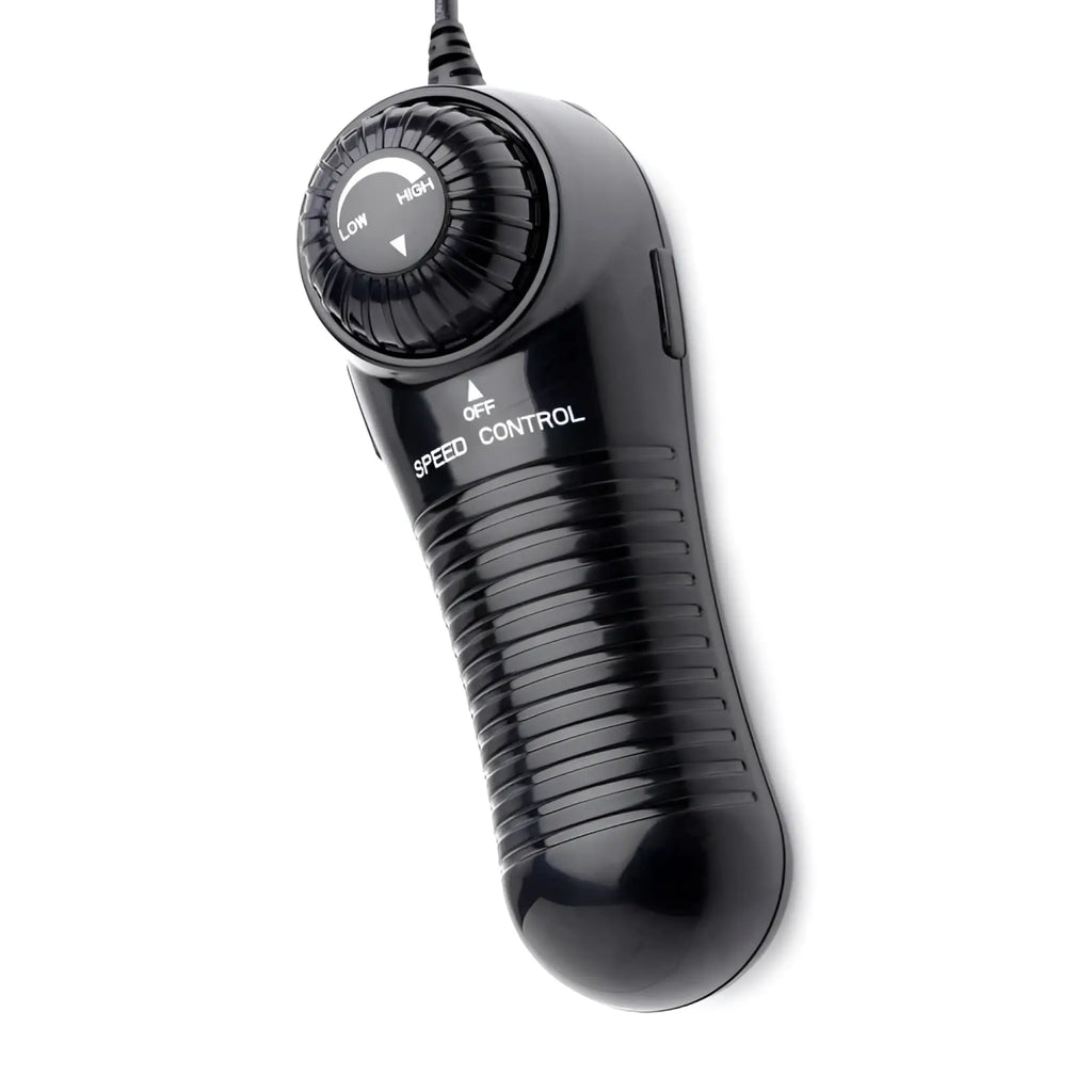 LoveBotz Robo Fuk Deluxe speed control remote in glossy black with a textured grip and adjustable dial.