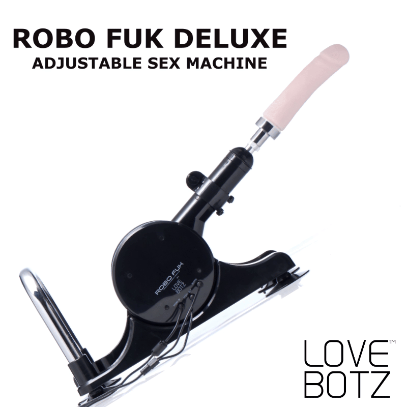 LoveBotz Robo Fuk Deluxe sex machine with a sleek black adjustable base and a light pink silicone attachment.
