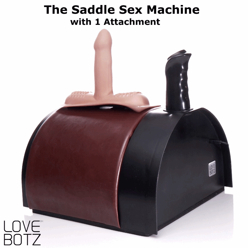 LoveBotz The Saddle Sex Machine: A black and brown curved device with a skin-toned phallic attachment on white background.