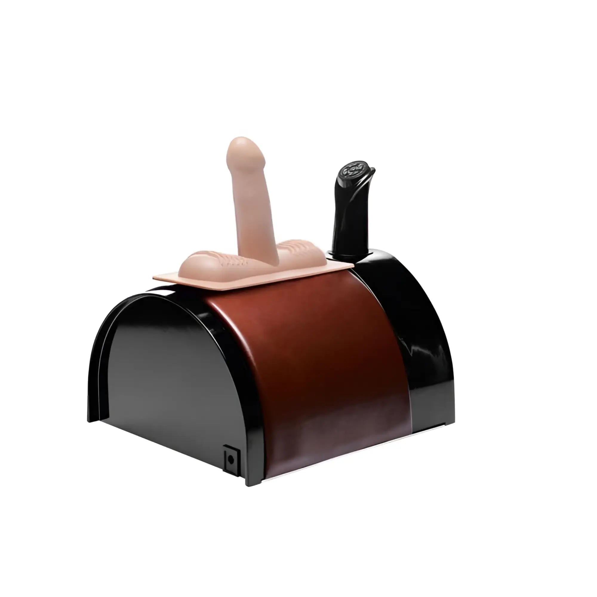 LoveBotz The Saddle sex machine: a brown-and-black curved base featuring a beige, phallic-shaped attachment.