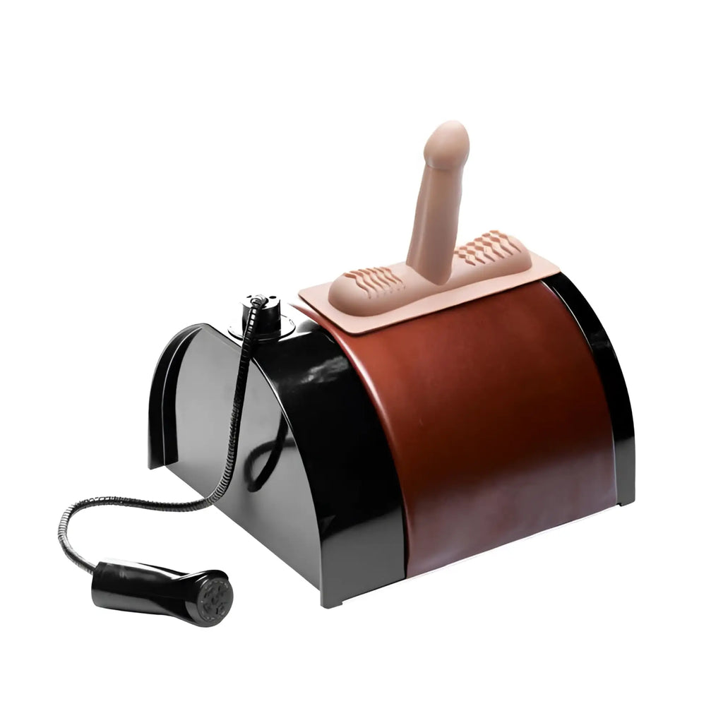 LoveBotz The Saddle Sex Machine: A brown and black arched device with a beige attachment and a handheld remote.