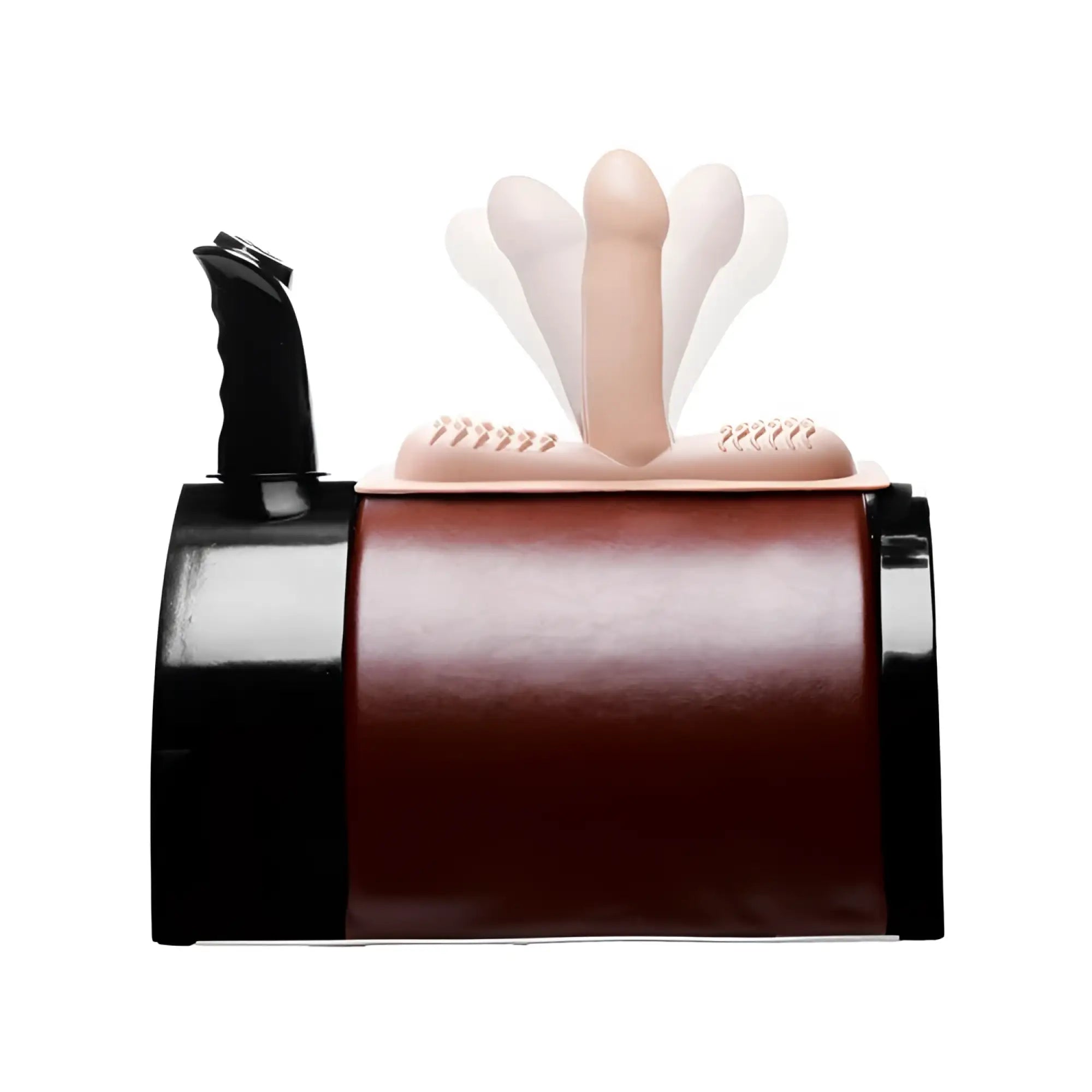 LoveBotz The Saddle sex machine: a brown and black device with a central beige dildo attachment showing movement.