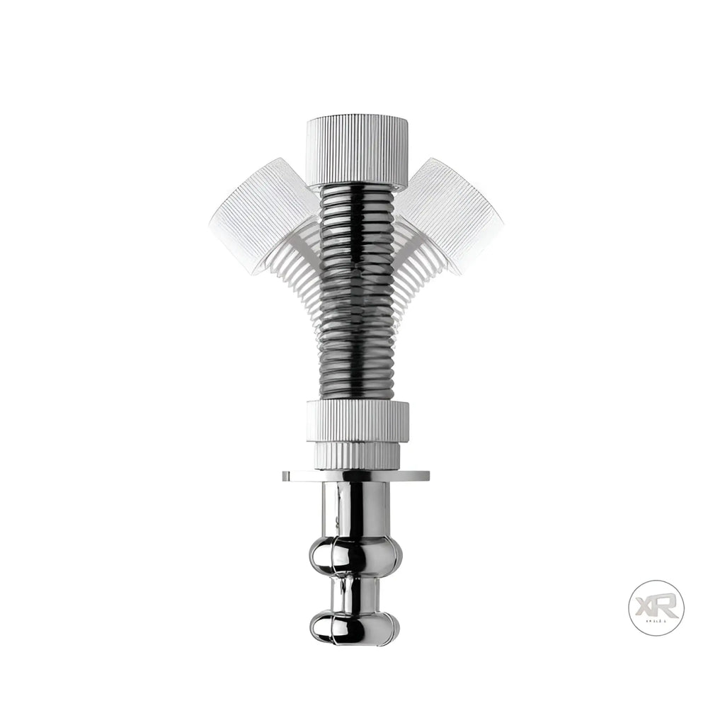 LoveBotz Flexible Extension for sex machines, showing a silver, ribbed, articulating metal neck with a top cap.