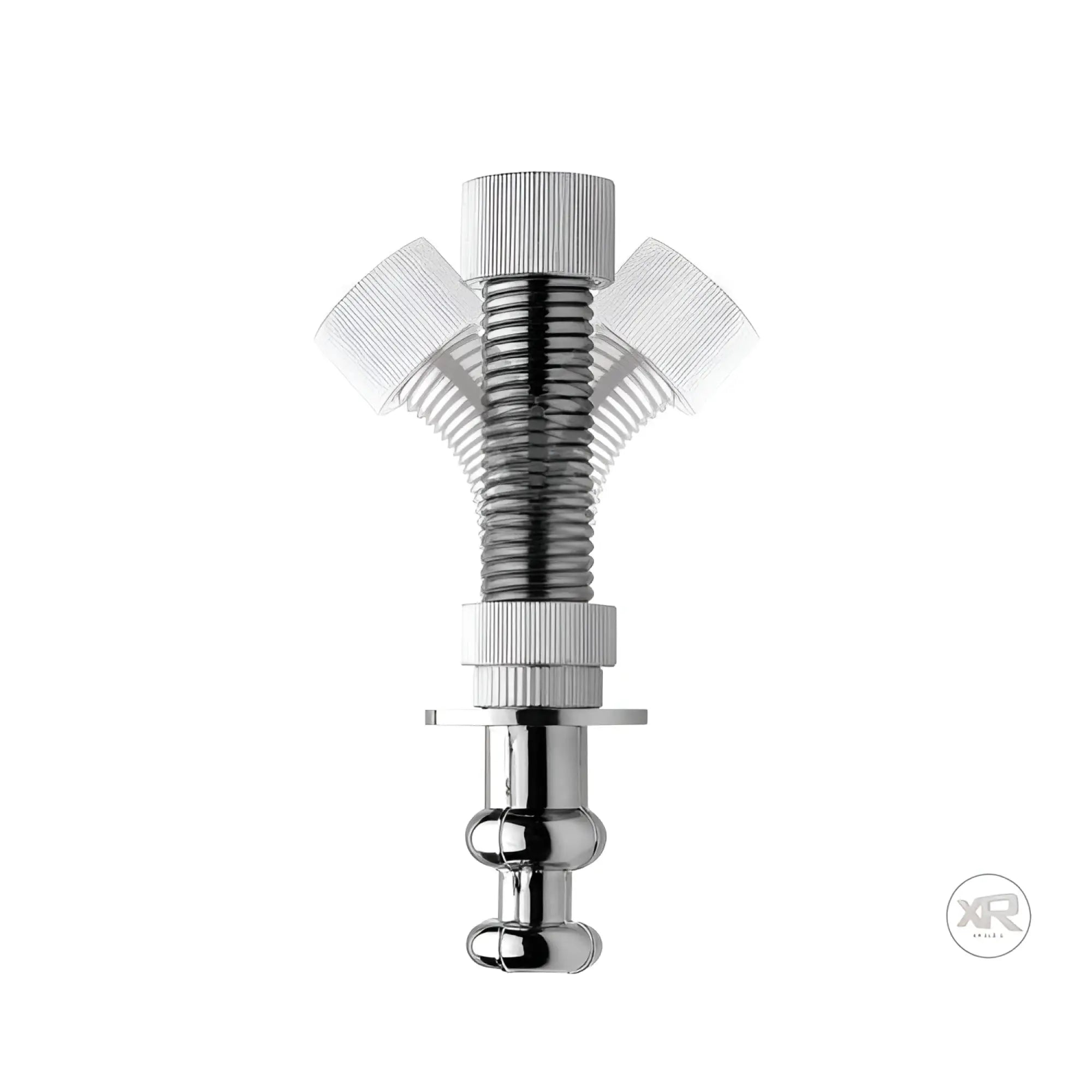 LoveBotz Flexible Extension for sex machines, showing a silver, ribbed, articulating metal neck with a top cap.