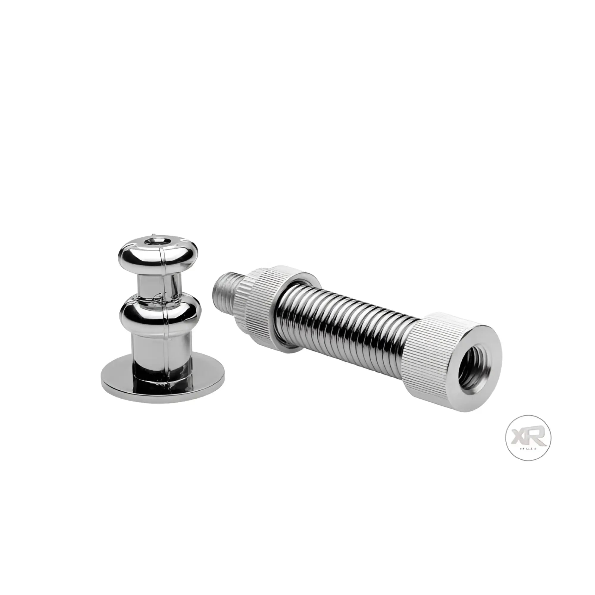 LoveBotz Sex Machine silver metal flexible extension arm with a matching small, bulbous attachment on a flat base.