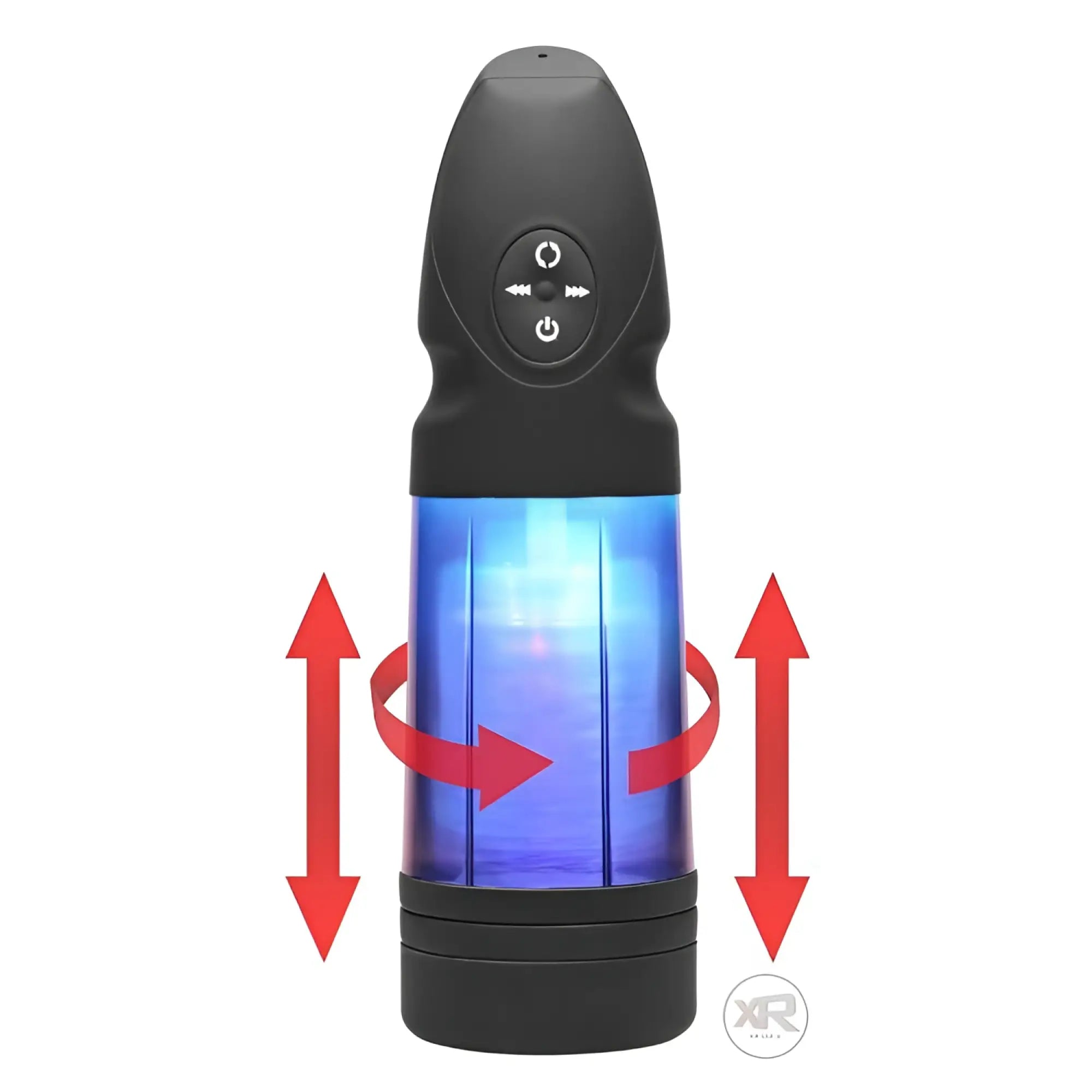 LoveBotz Strobe rechargeable stroker with a matte black top and blue transparent base, featuring motion arrows.