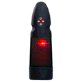LoveBotz Strobe: black, rechargeable stroker with a clear, red-lit textured chamber and illuminated control buttons.