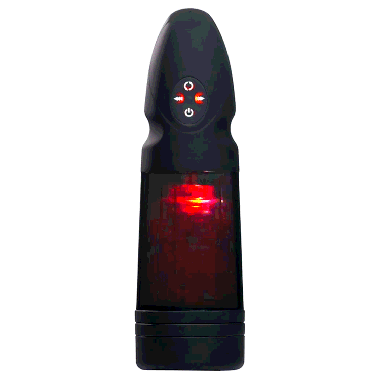 LoveBotz Strobe: black, rechargeable stroker with a clear, red-lit textured chamber and illuminated control buttons.