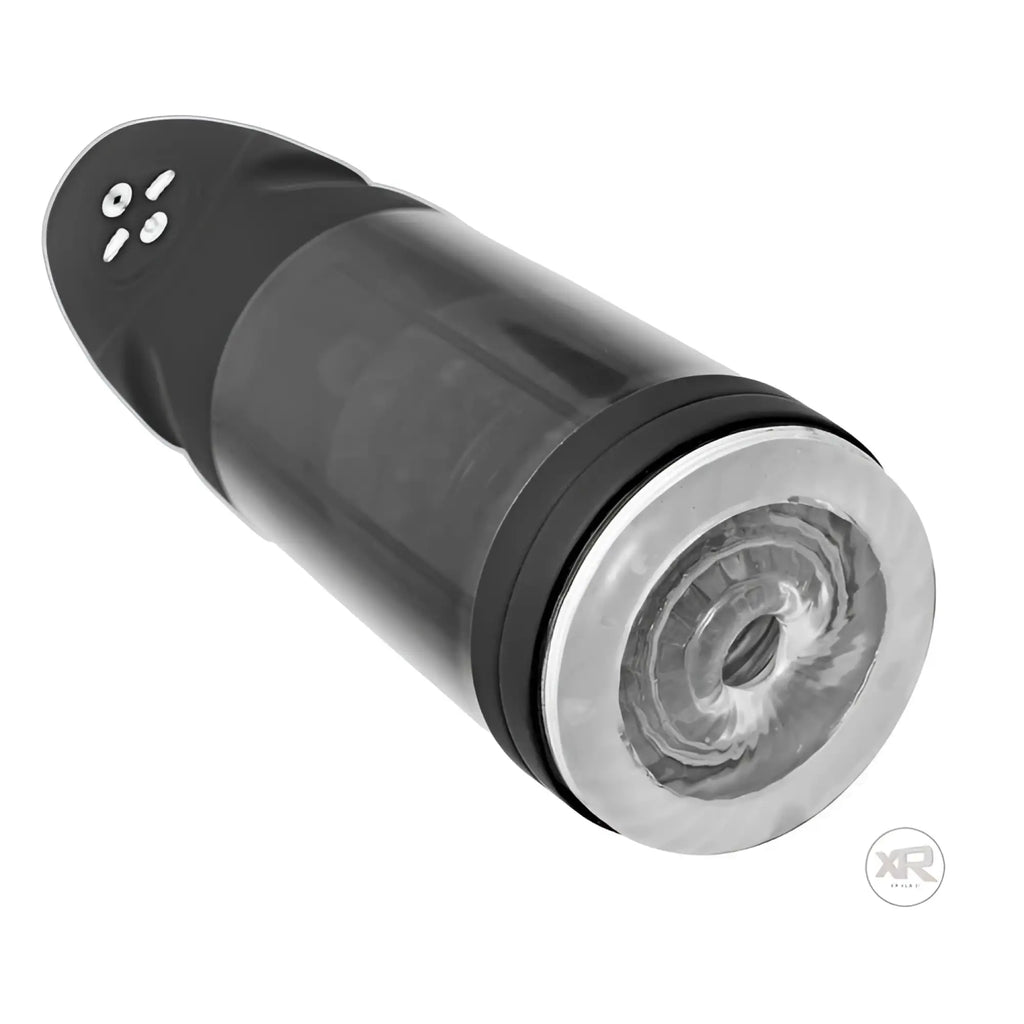 LoveBotz Strobe: A black, rechargeable, cylindrical stroker with a textured clear sleeve and a control panel on the end.
