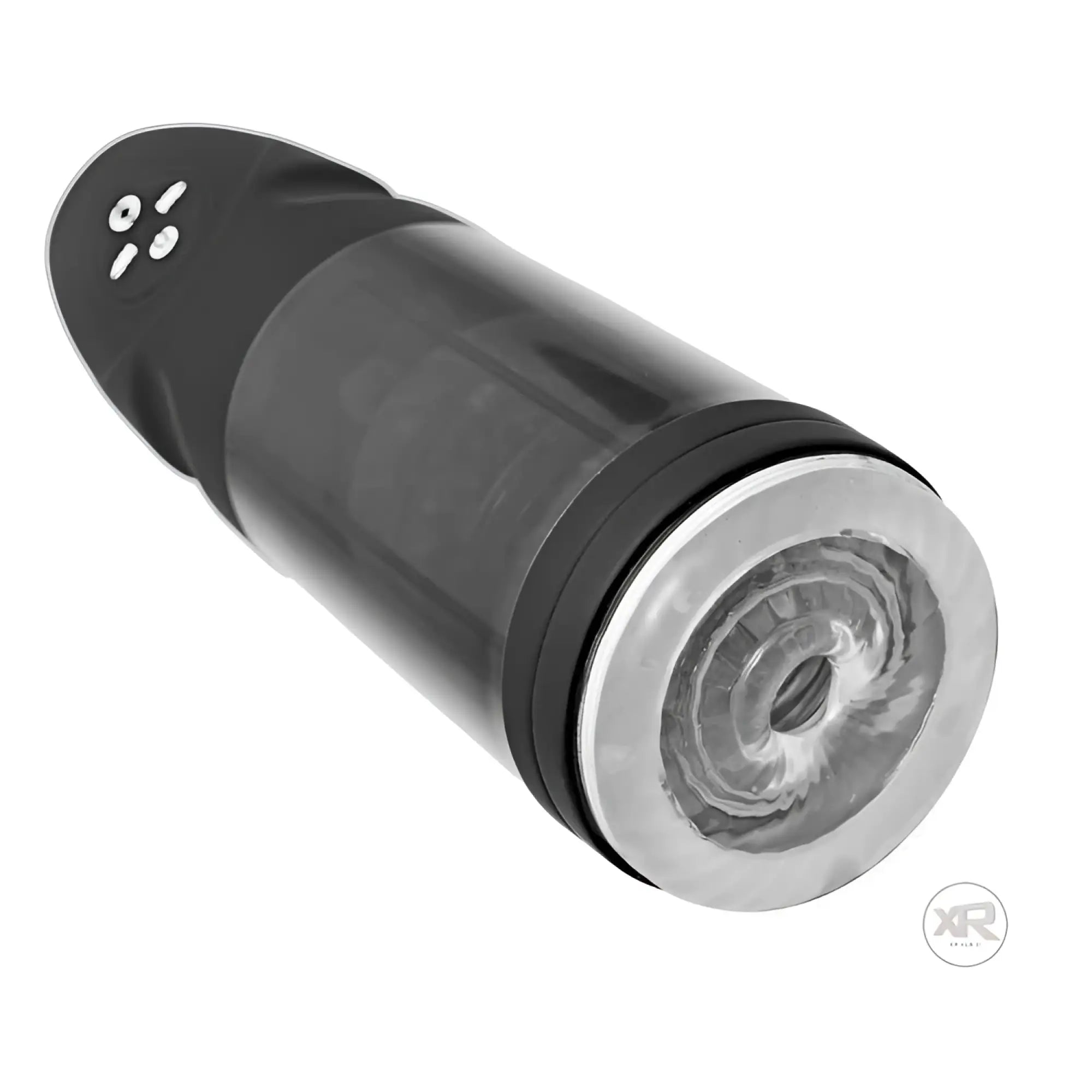 LoveBotz Strobe: A black, rechargeable, cylindrical stroker with a textured clear sleeve and a control panel on the end.