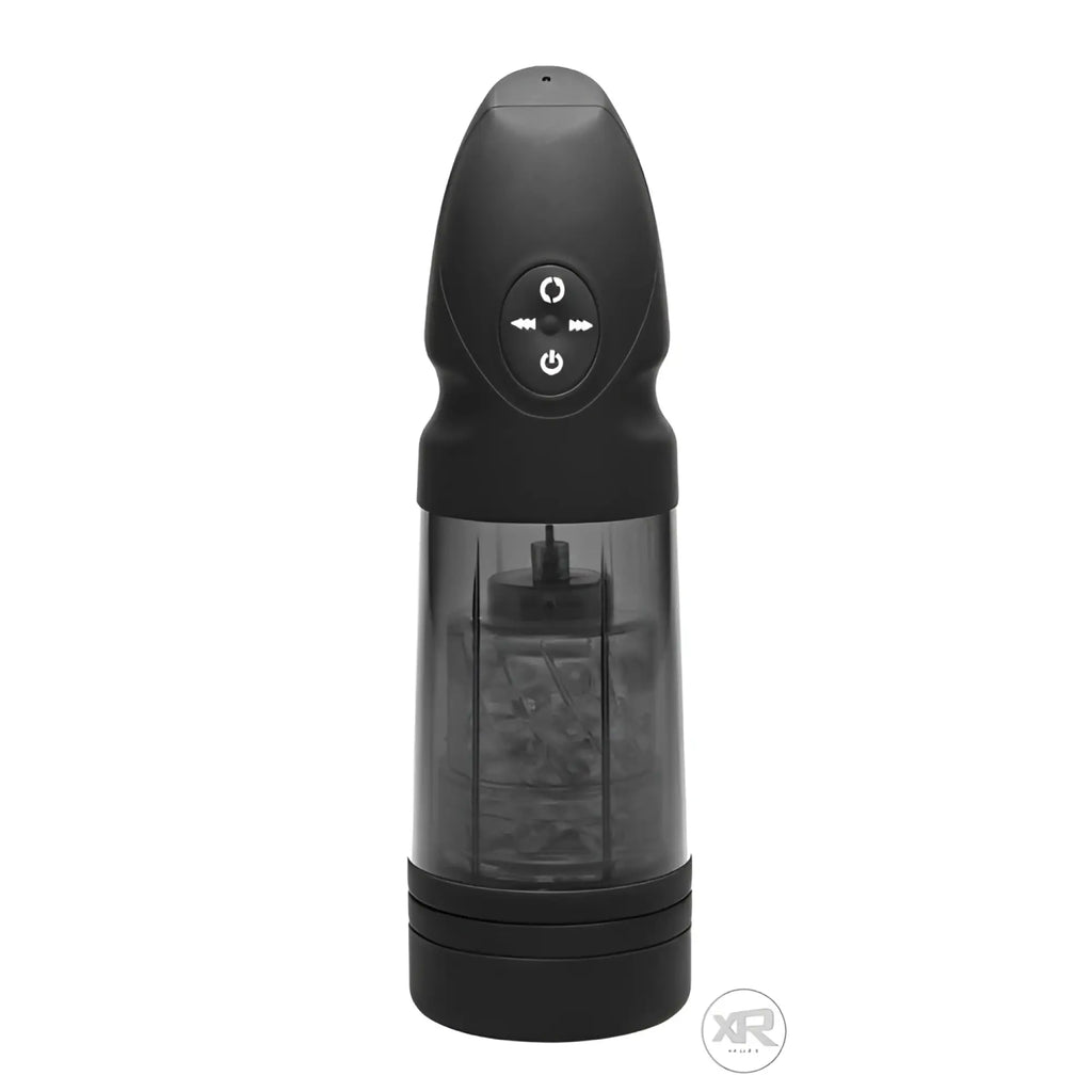 LoveBotz Strobe: A black, rechargeable stroker featuring a control panel on top and a textured clear internal sleeve.