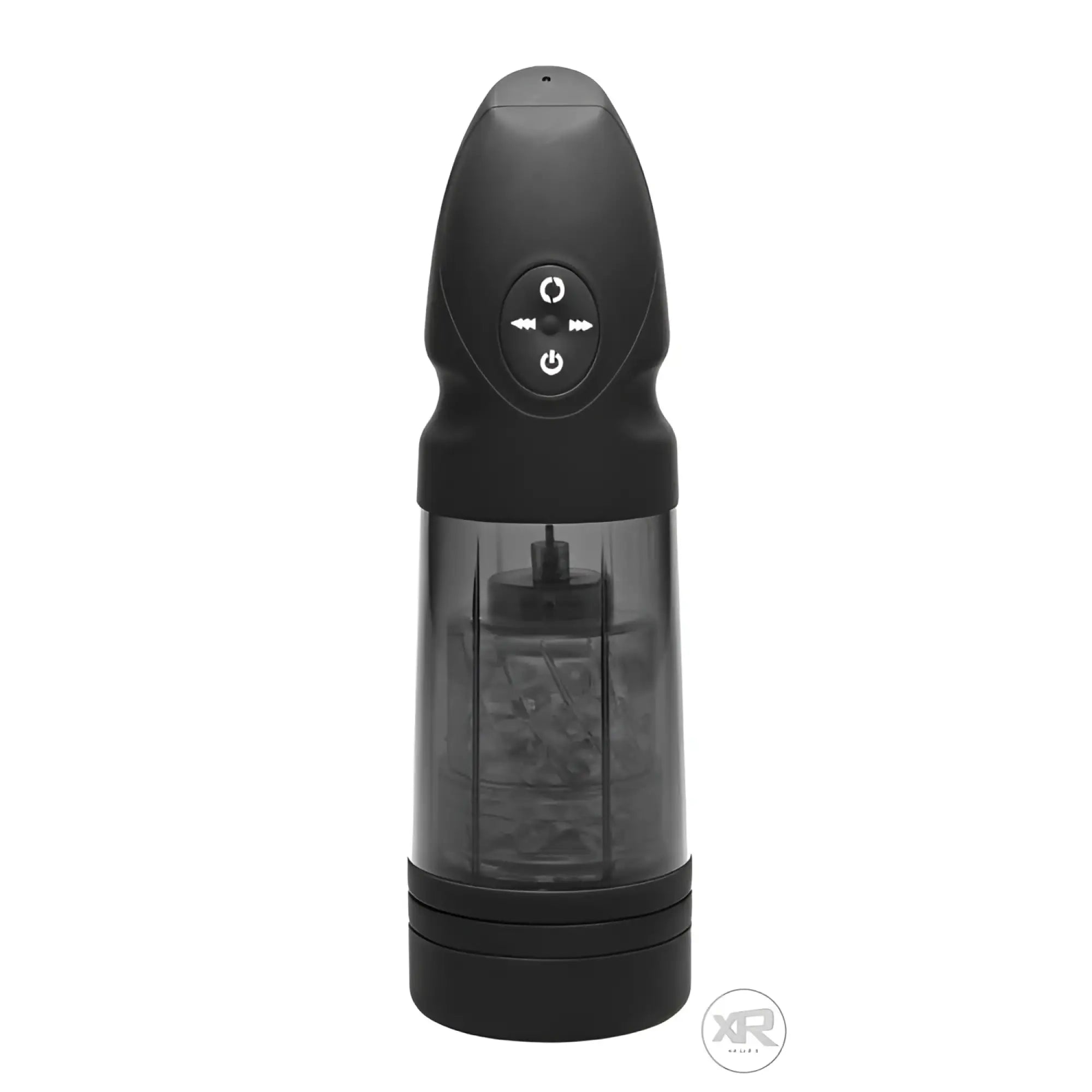 LoveBotz Strobe: A black, rechargeable stroker featuring a control panel on top and a textured clear internal sleeve.