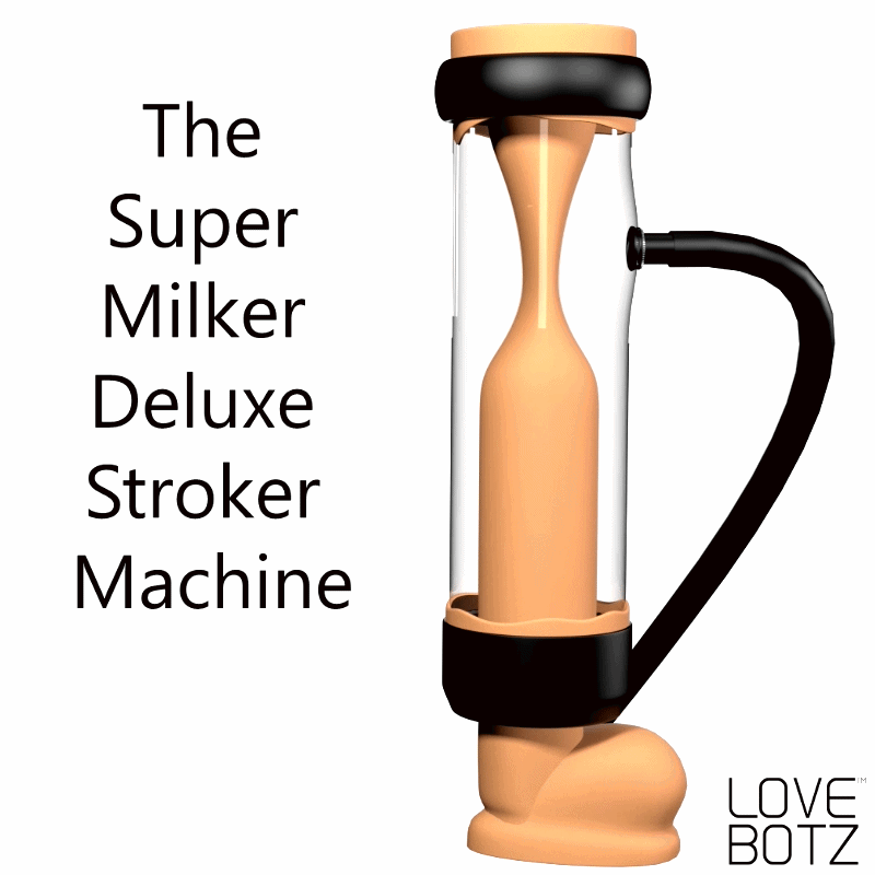 LoveBotz Super Milker Deluxe stroker machine: a clear cylindrical device with tan silicone inserts and black accents.