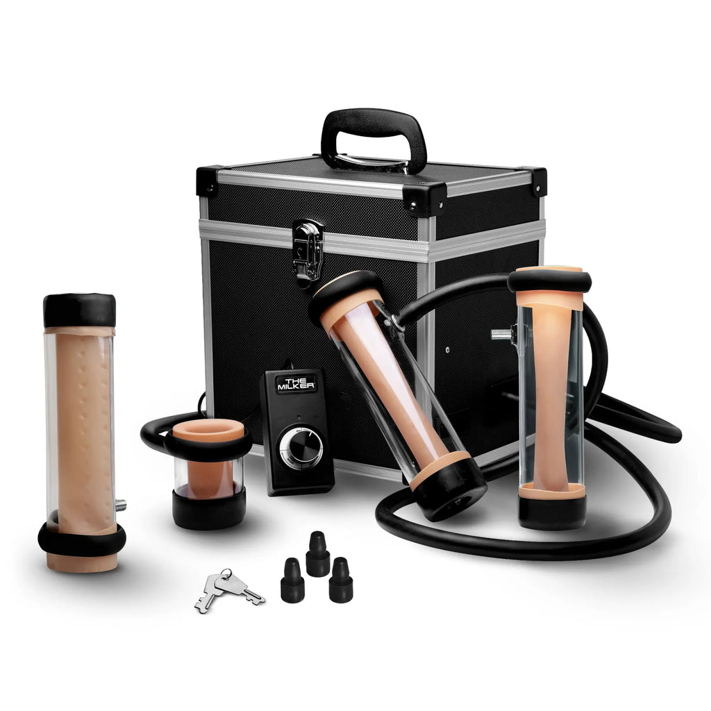 LoveBotz The Super Milker automatic stroker set with beige sleeves, black control box, accessories, and a carry case.