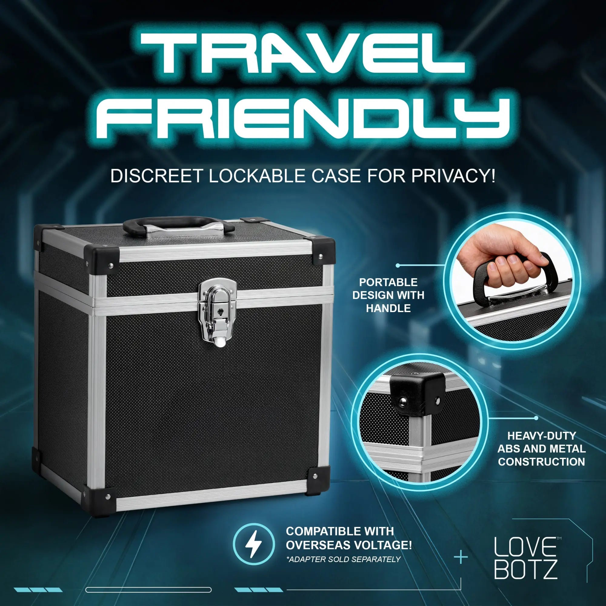 LoveBotz Super Milker travel case: A black, metallic, lockable carrying case with handle and durable corner guards.