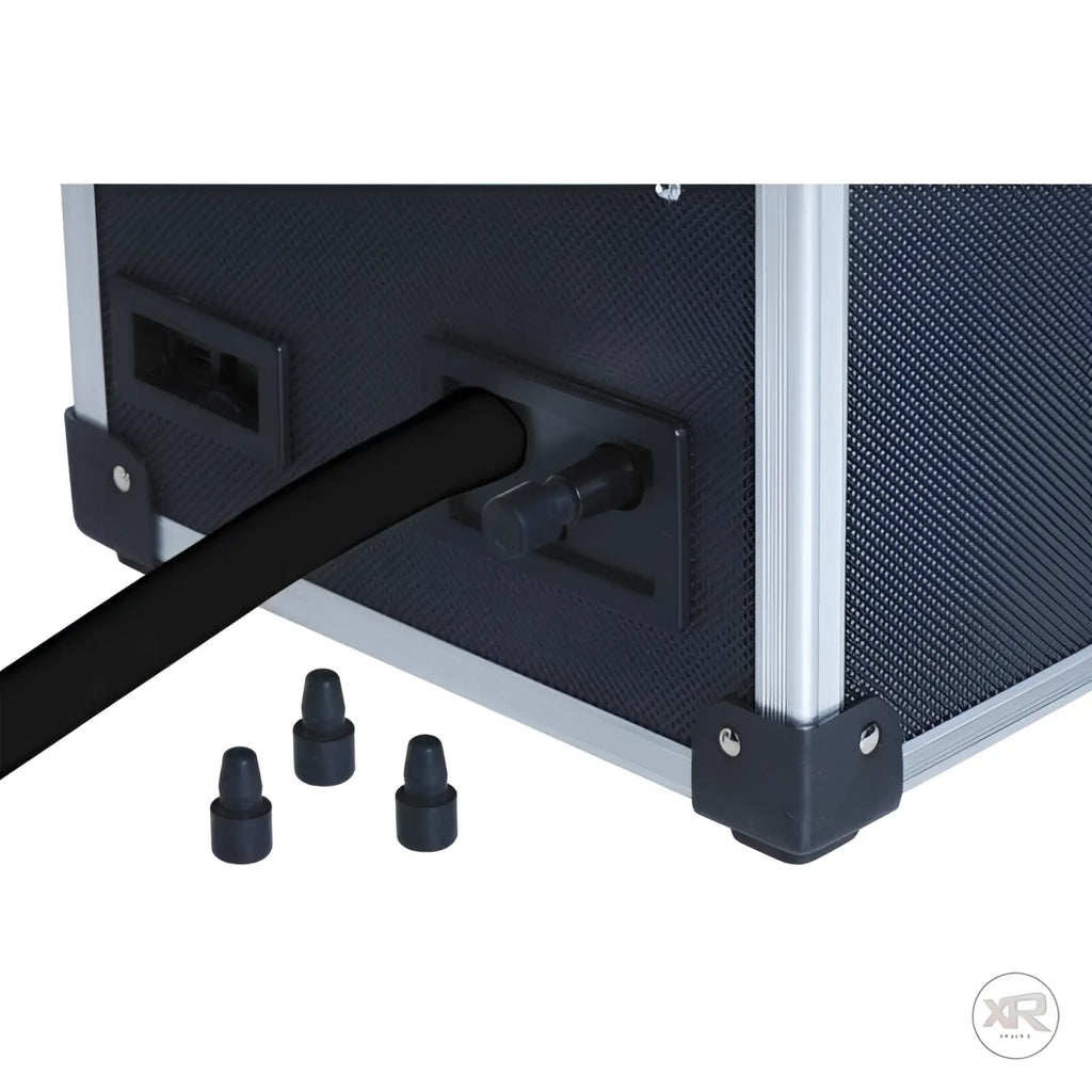 LoveBotz Super Milker stroker machine in a black, metallic-edged case with an attached hose and three small caps.