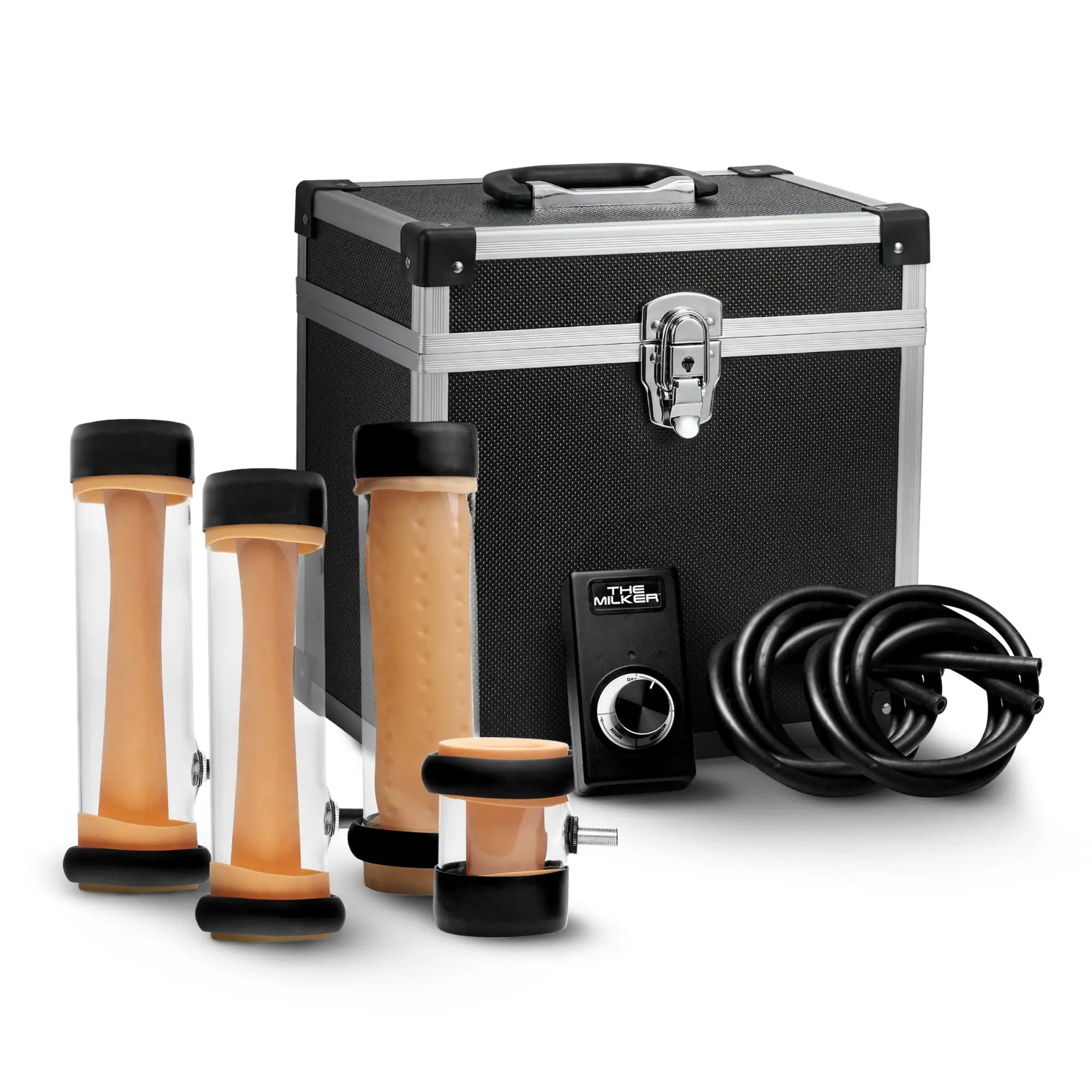 LoveBotz The Super Milker machine set includes four clear cylinders, a controller, black tubing, and a storage case.