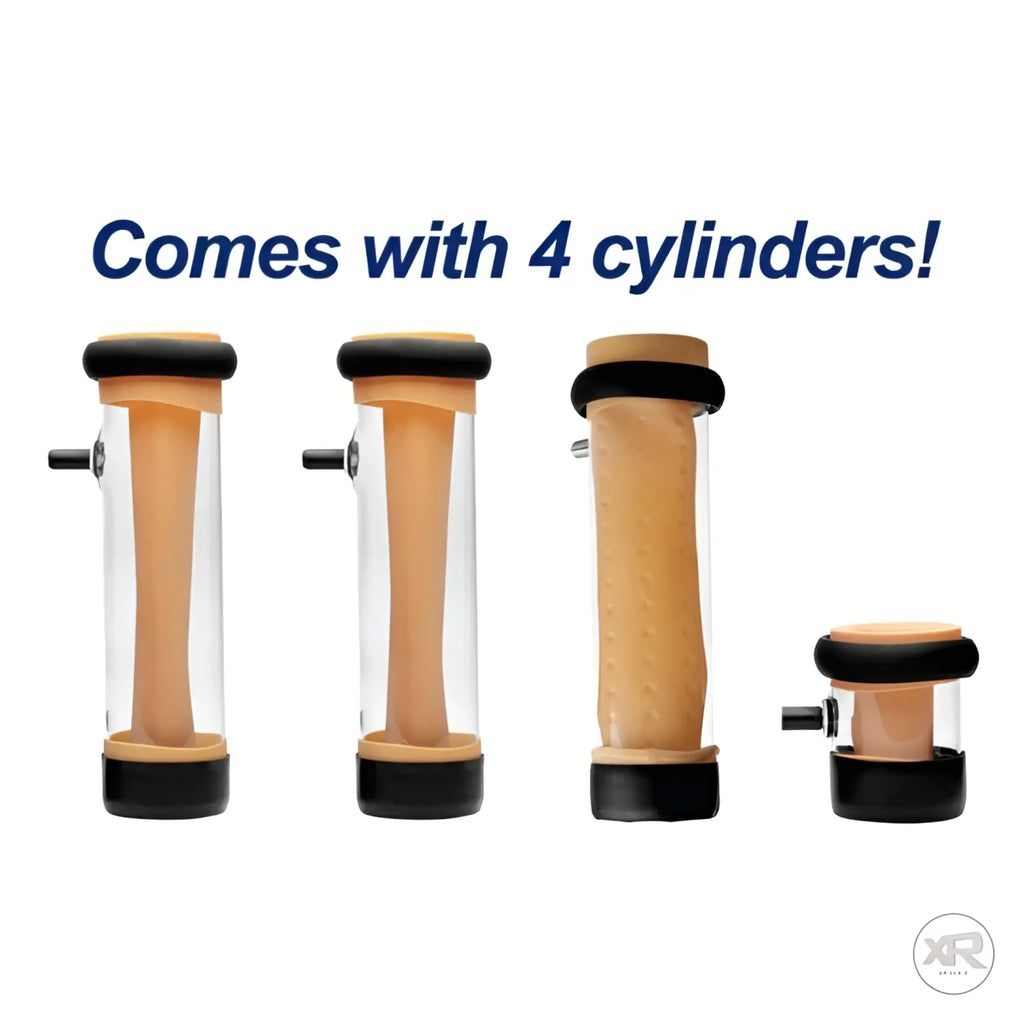 LoveBotz Super Milker: Four clear, cylindrical stroker sleeves with beige textured inserts and black trim.