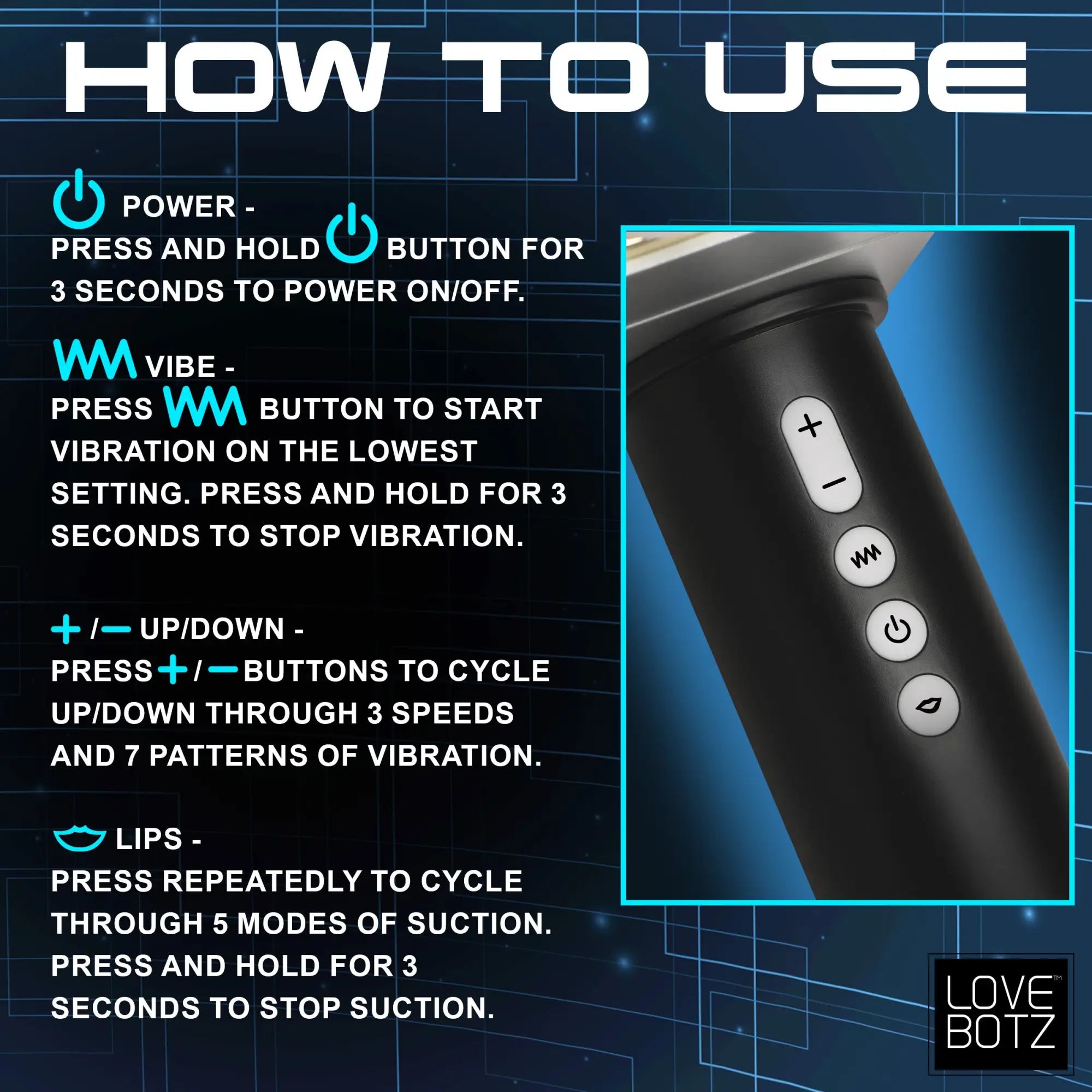 LoveBotz Thunder Stroker instructions showing a black device with buttons for power, vibration, speed, and suction modes.