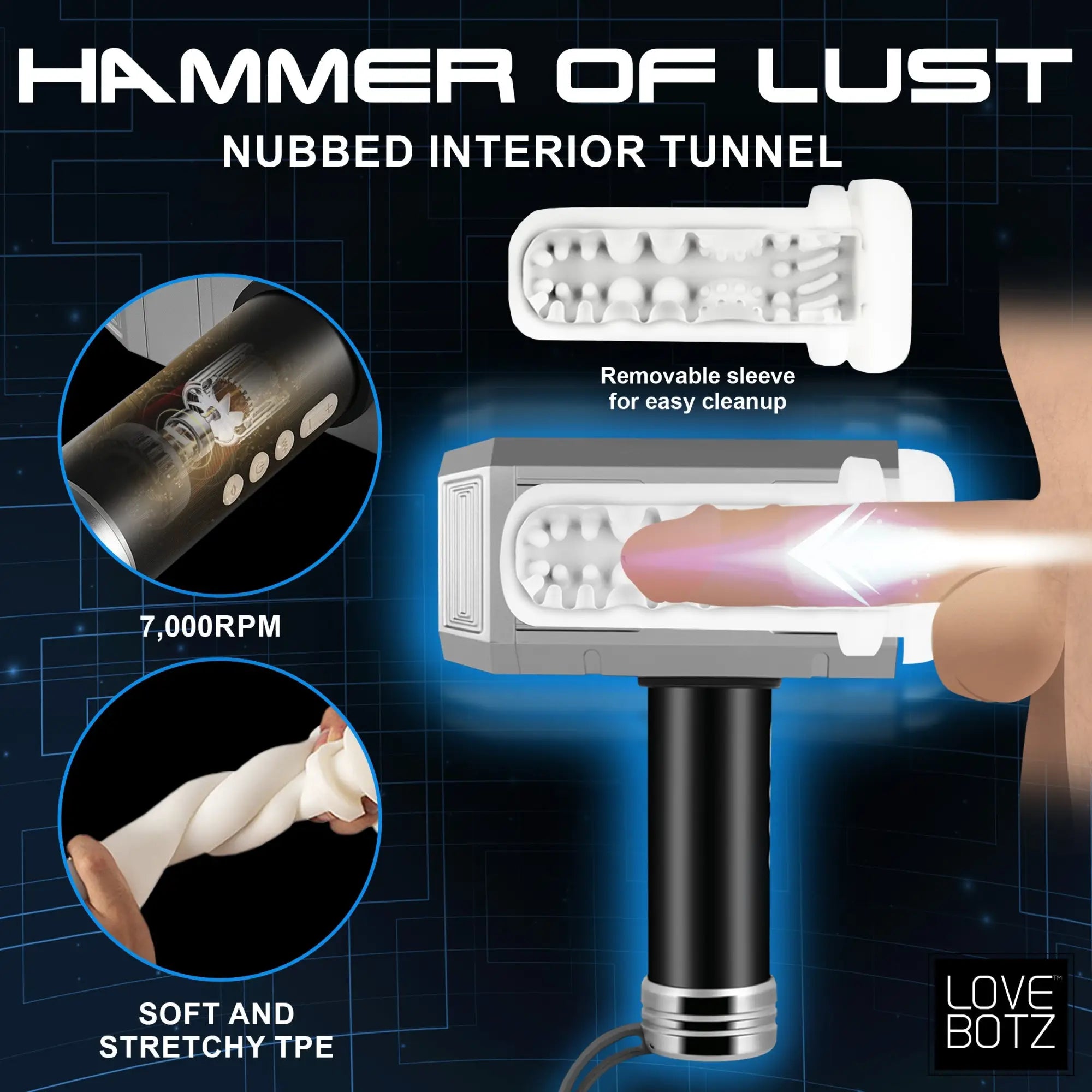 LoveBotz Thunder Stroker hammer-shaped masturbator in grey and black with a white, soft, removable textured sleeve.