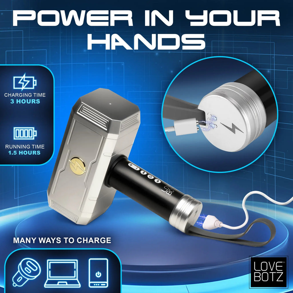 LoveBotz Thunder Stroker hammer-shaped silver and black masturbator being charged by a cable in a digital blue setting.