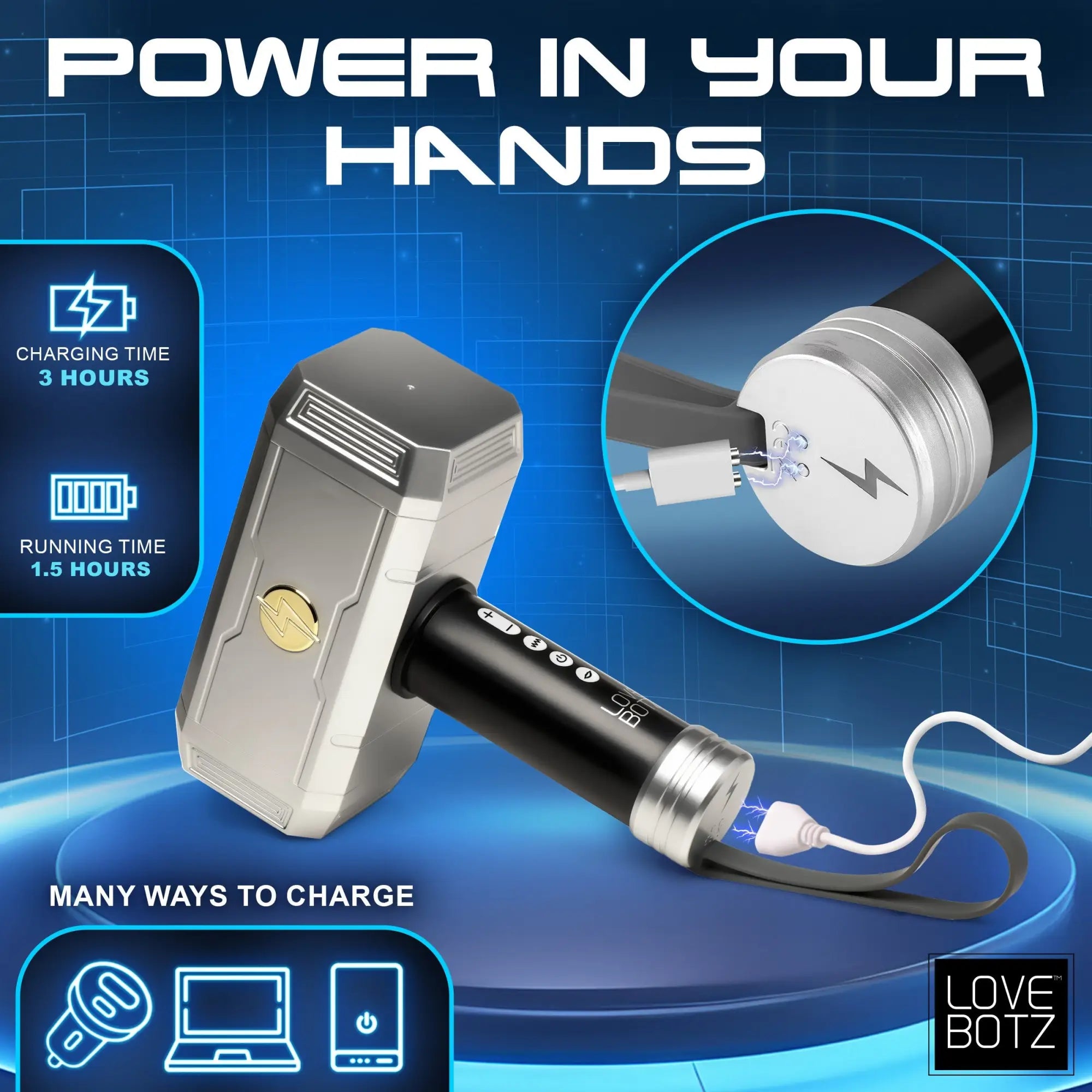 LoveBotz Thunder Stroker hammer-shaped silver and black masturbator being charged by a cable in a digital blue setting.