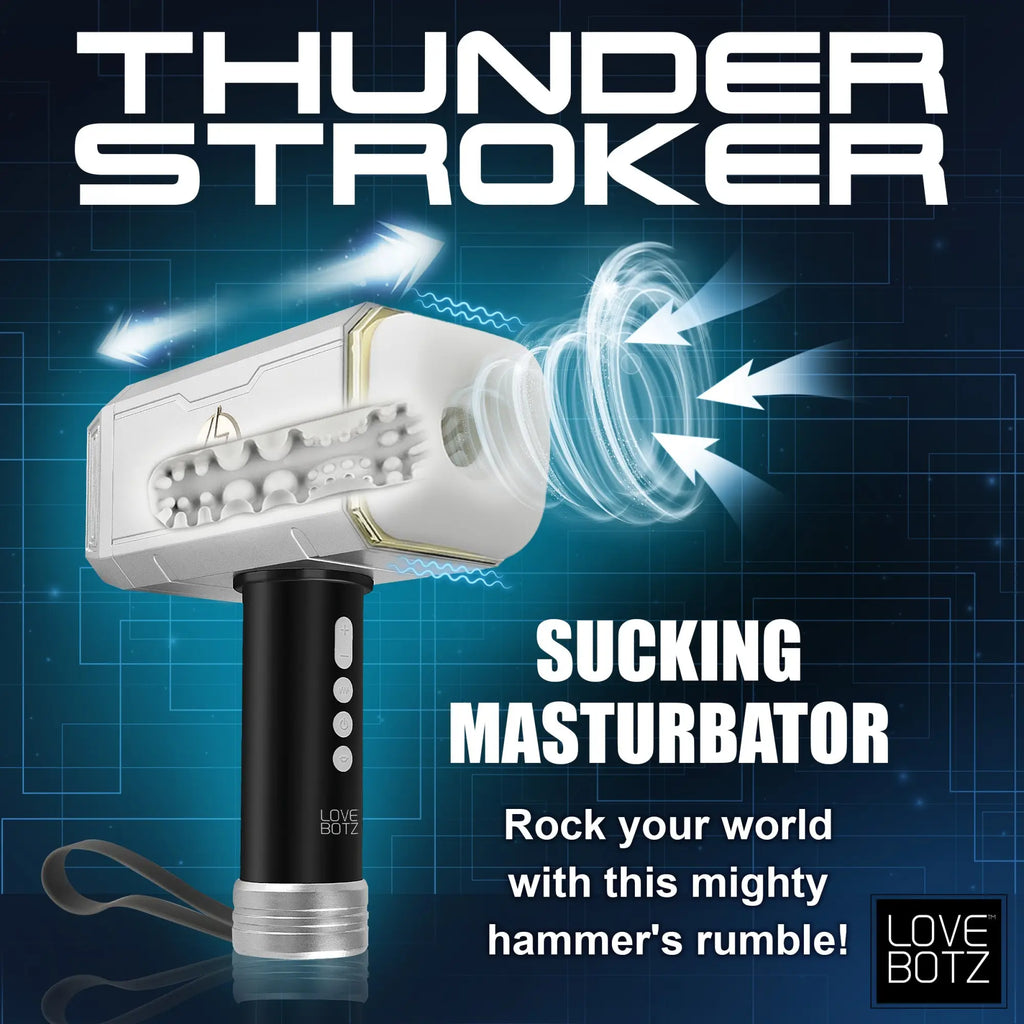 LoveBotz Thunder Stroker hammer-shaped masturbator in silver and black with a textured white silicone interior.