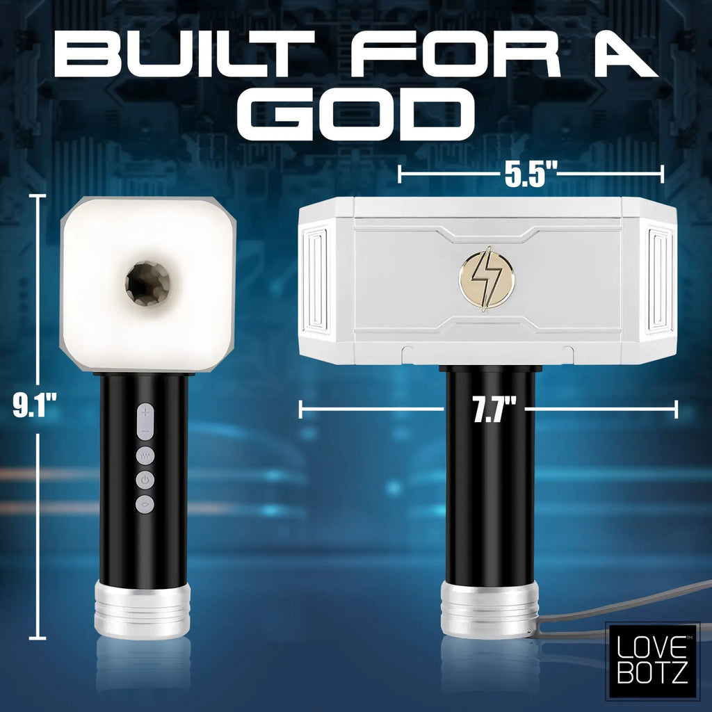 LoveBotz Thunder Stroker hammer-shaped masturbator in silver and black with dimensions and control buttons visible.