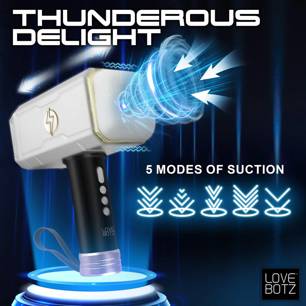 LoveBotz Thunder Stroker sucking masturbator, white and black handheld device with blue neon suction effect graphics.