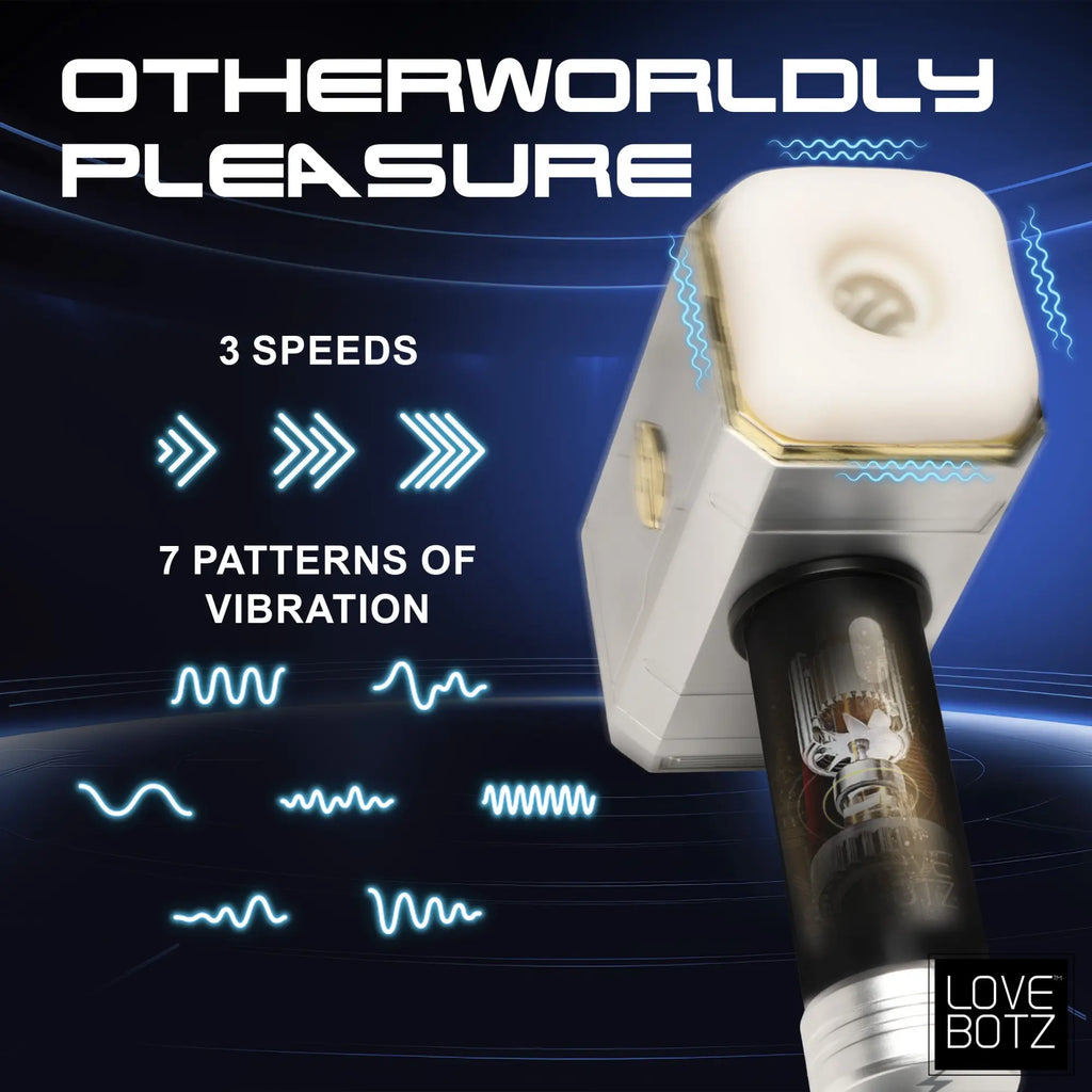 LoveBotz Thunder Stroker sucking masturbator with white square head, black handle, and neon vibration/speed graphics.